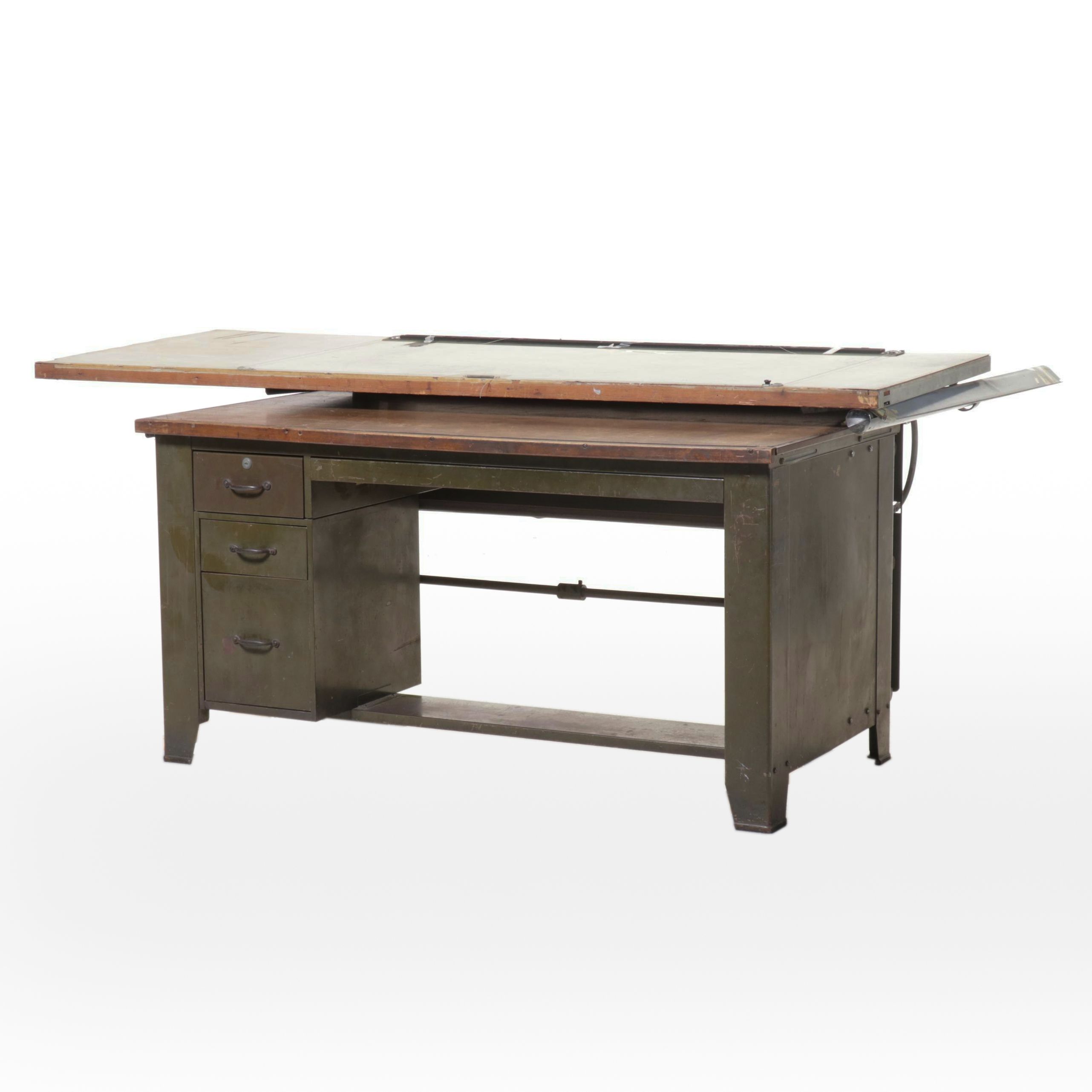 Industrial Drafting Desk with Paper Drawers and Tilting Draft Board, Vintage