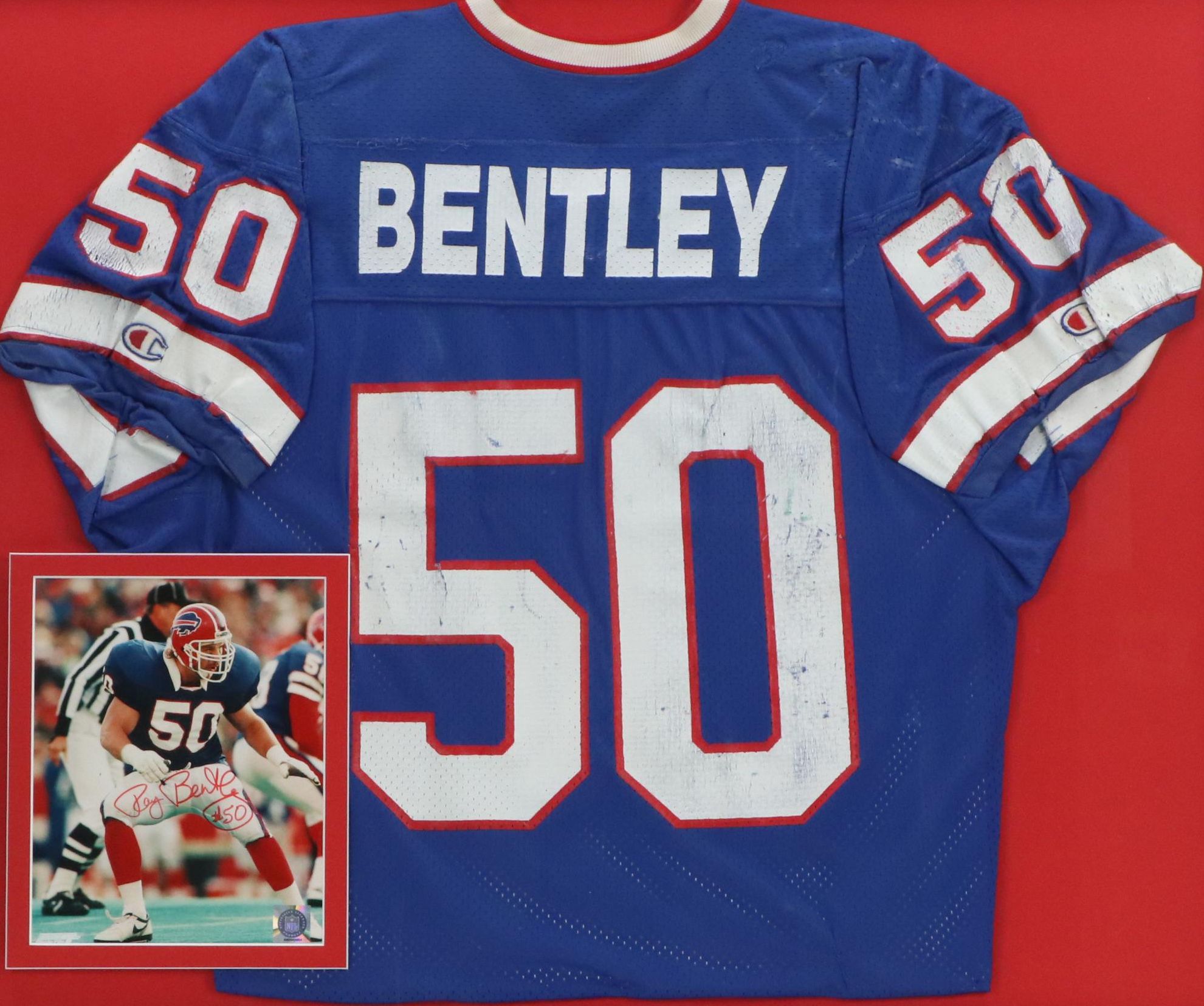 Ray Bentley Signed Buffalo Bills Print with Football Jersey and Display