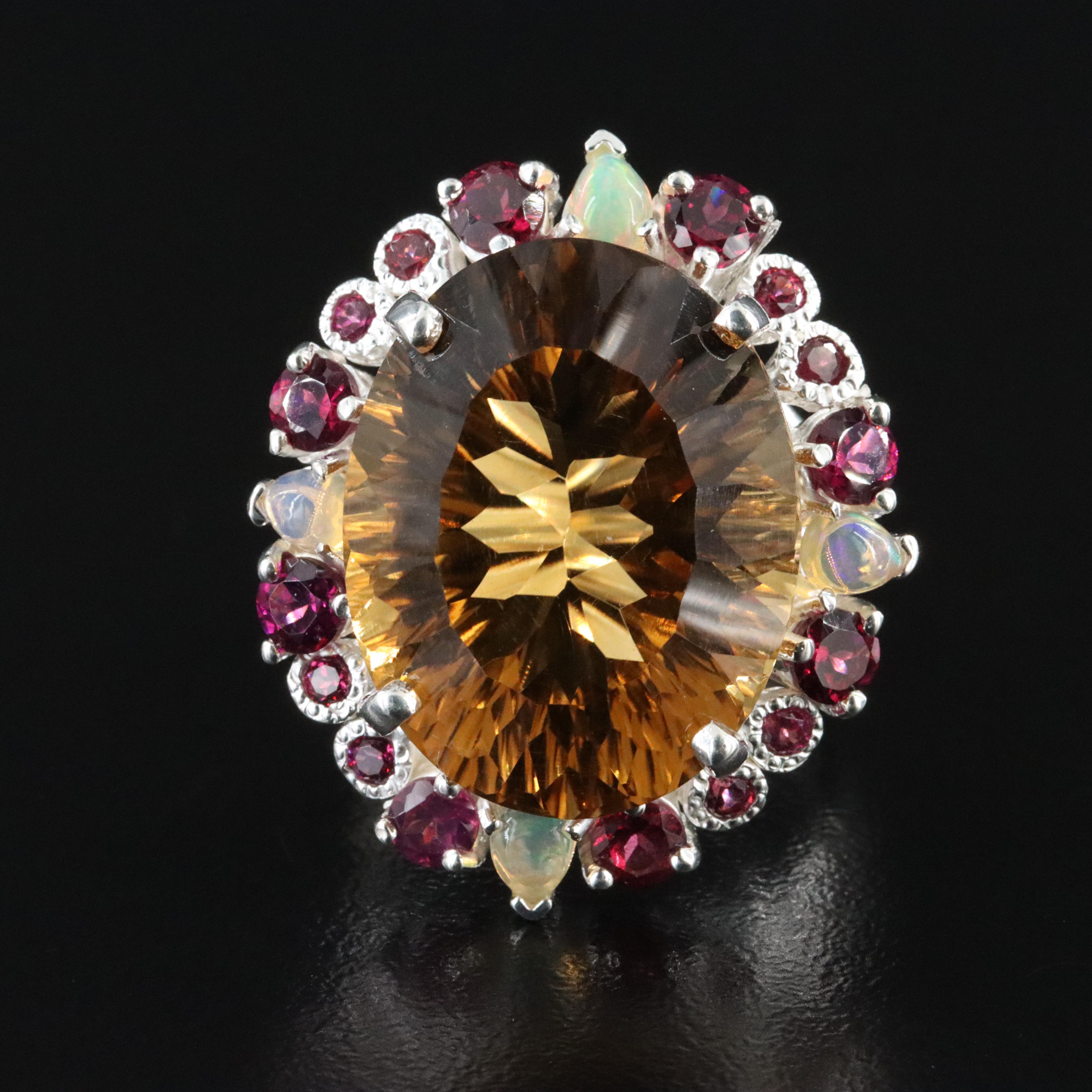 Sterling Citrine, Garnet, and Opal Ring