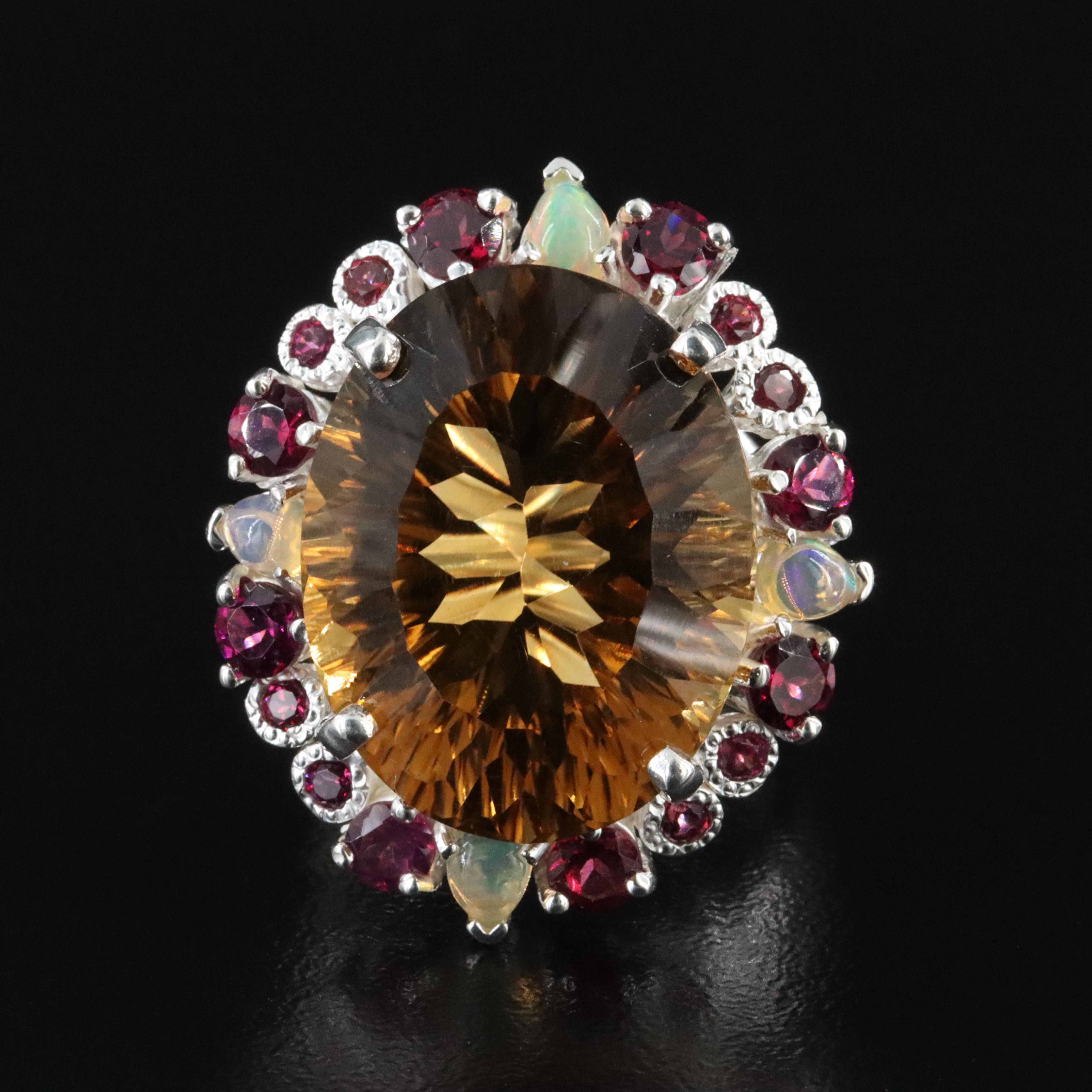 Sterling Citrine, Garnet, and Opal Ring