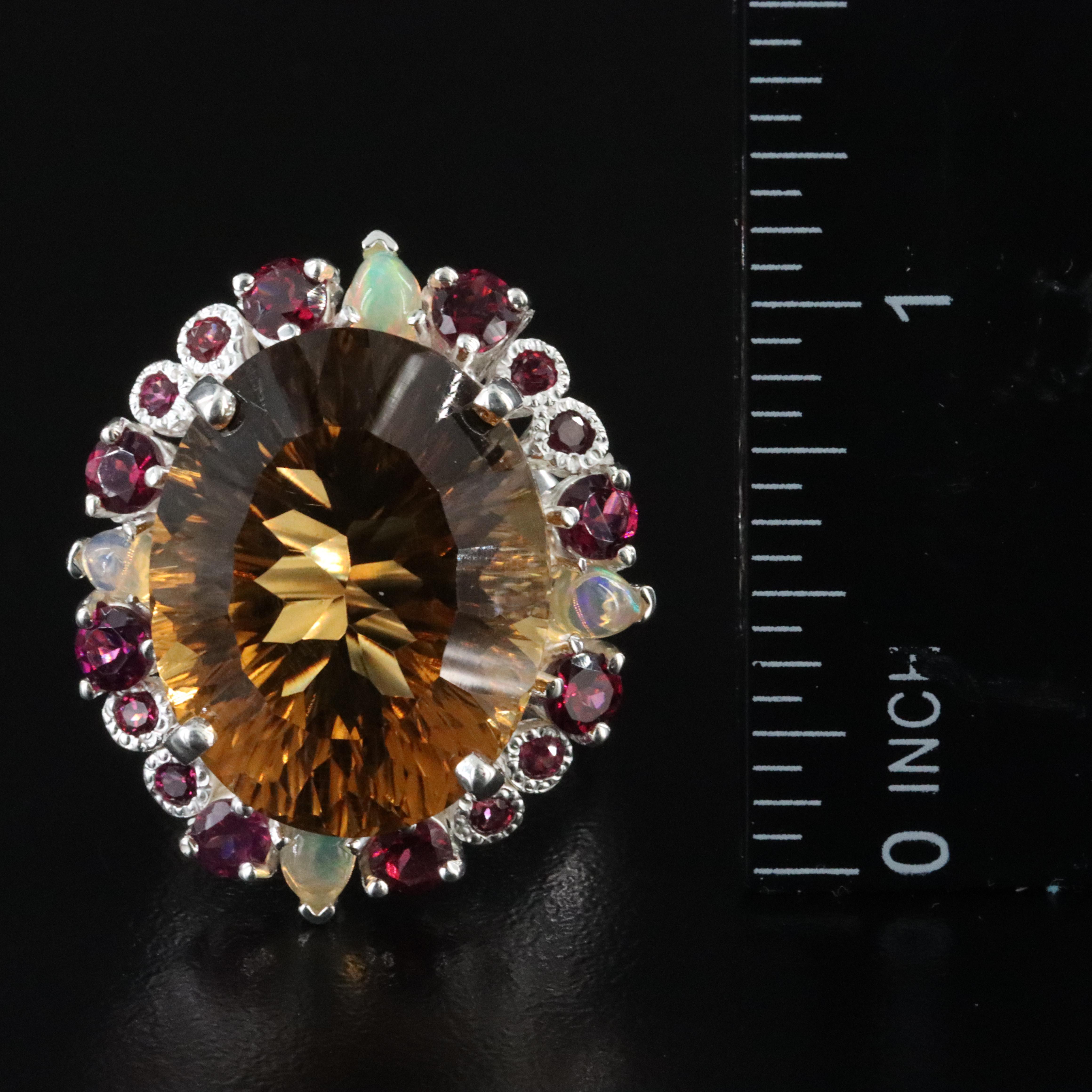 Sterling Citrine, Garnet, and Opal Ring