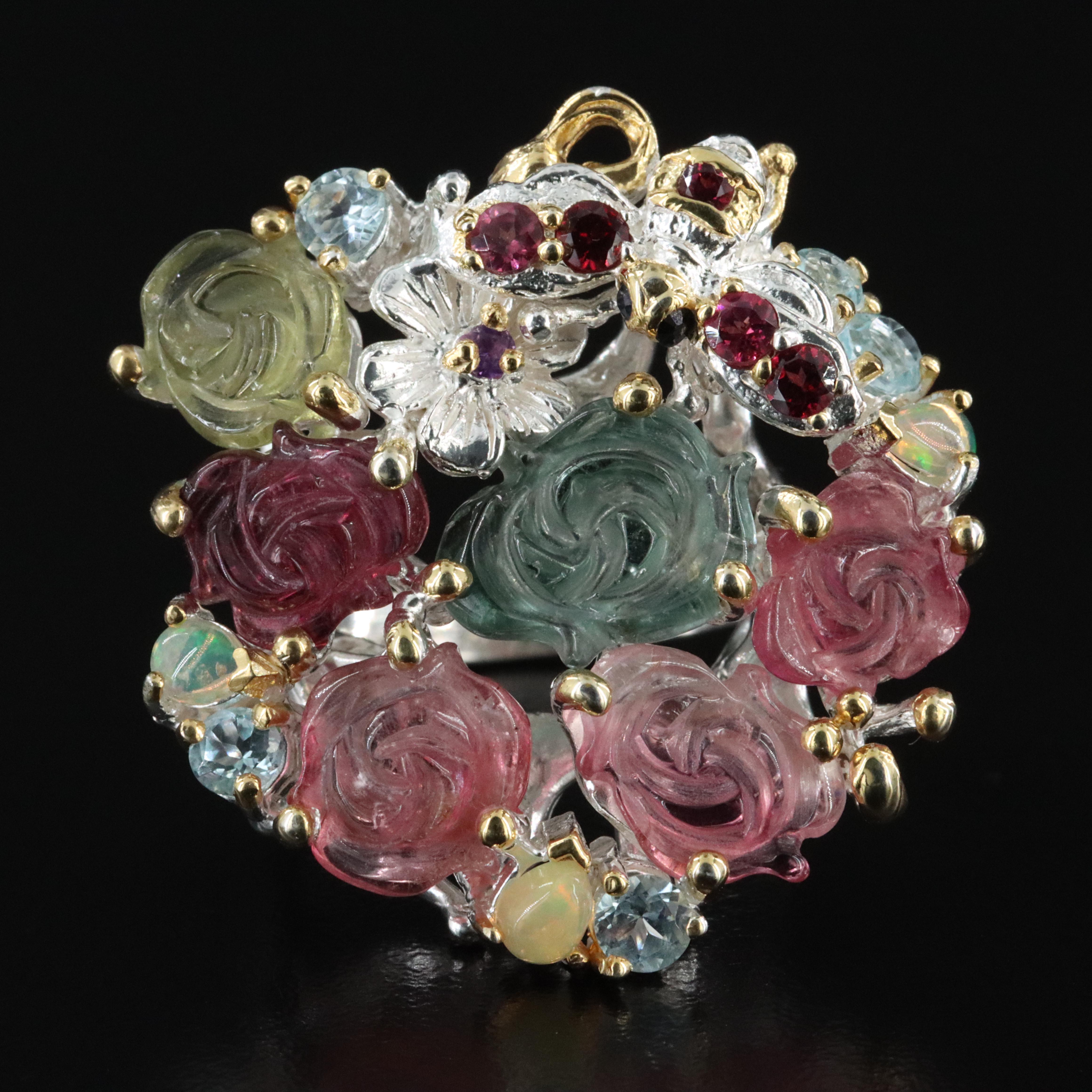 Sterling Gemstone Ring Including Tourmaline, Garnet, and Opal