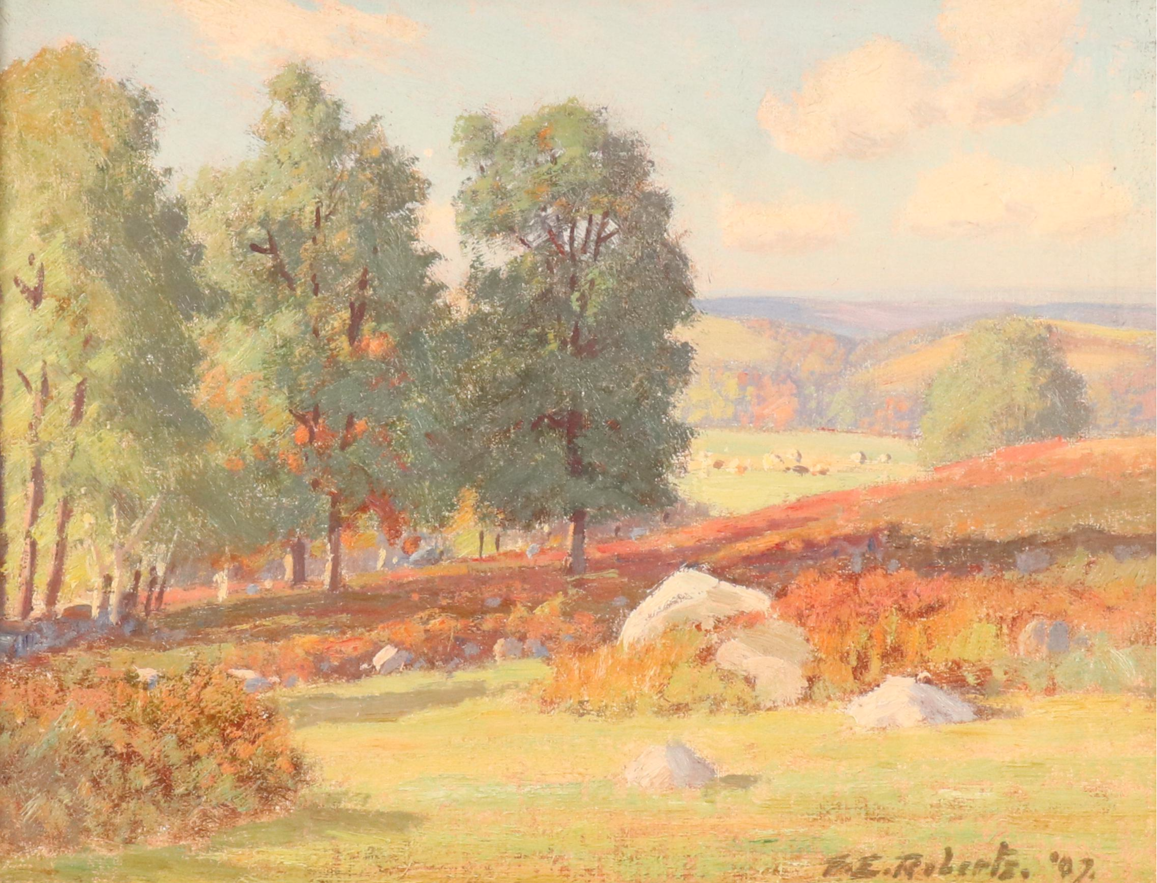 F. E. Roberts Bucolic Landscape Oil Painting "Autumn Pasture," 1907