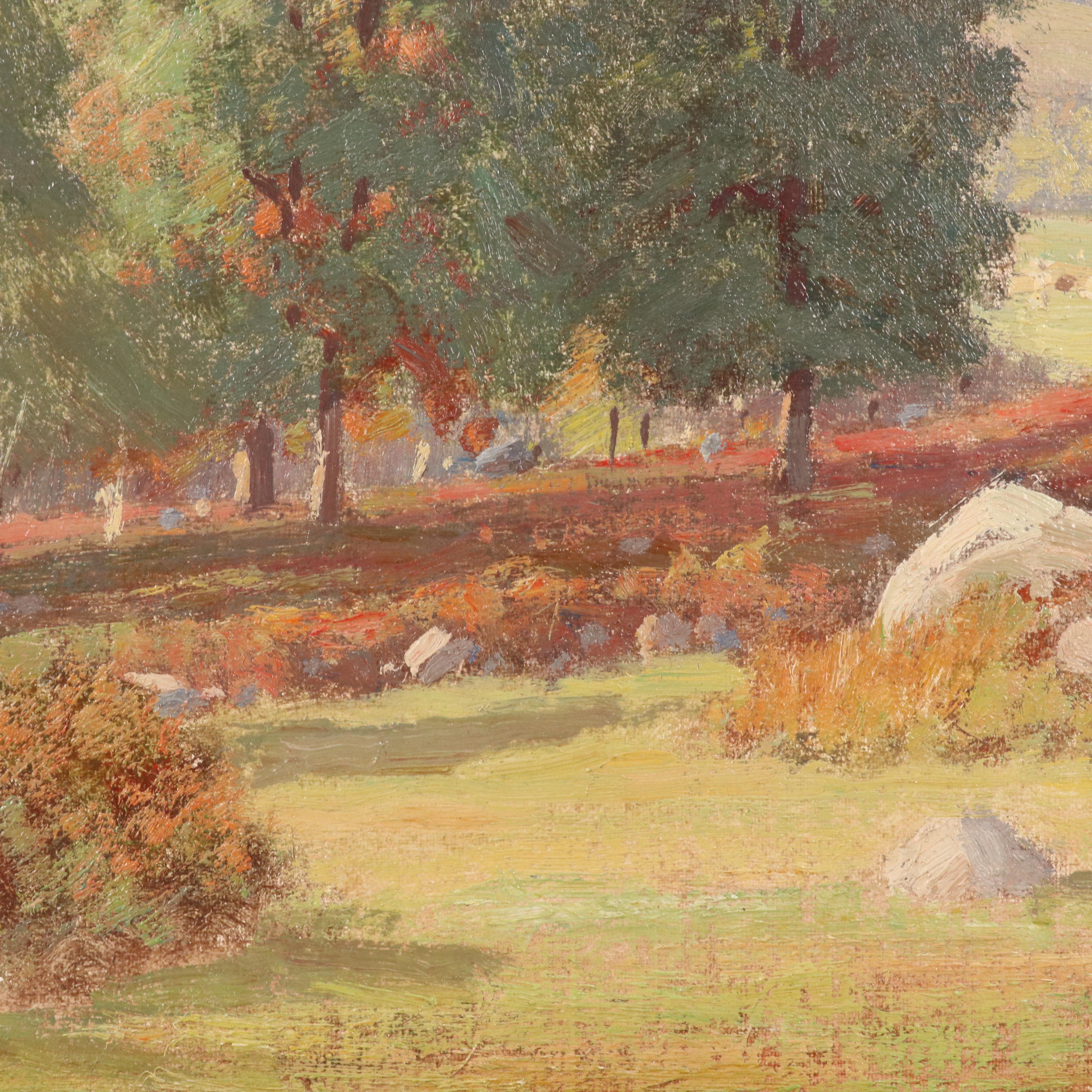F. E. Roberts Bucolic Landscape Oil Painting "Autumn Pasture," 1907