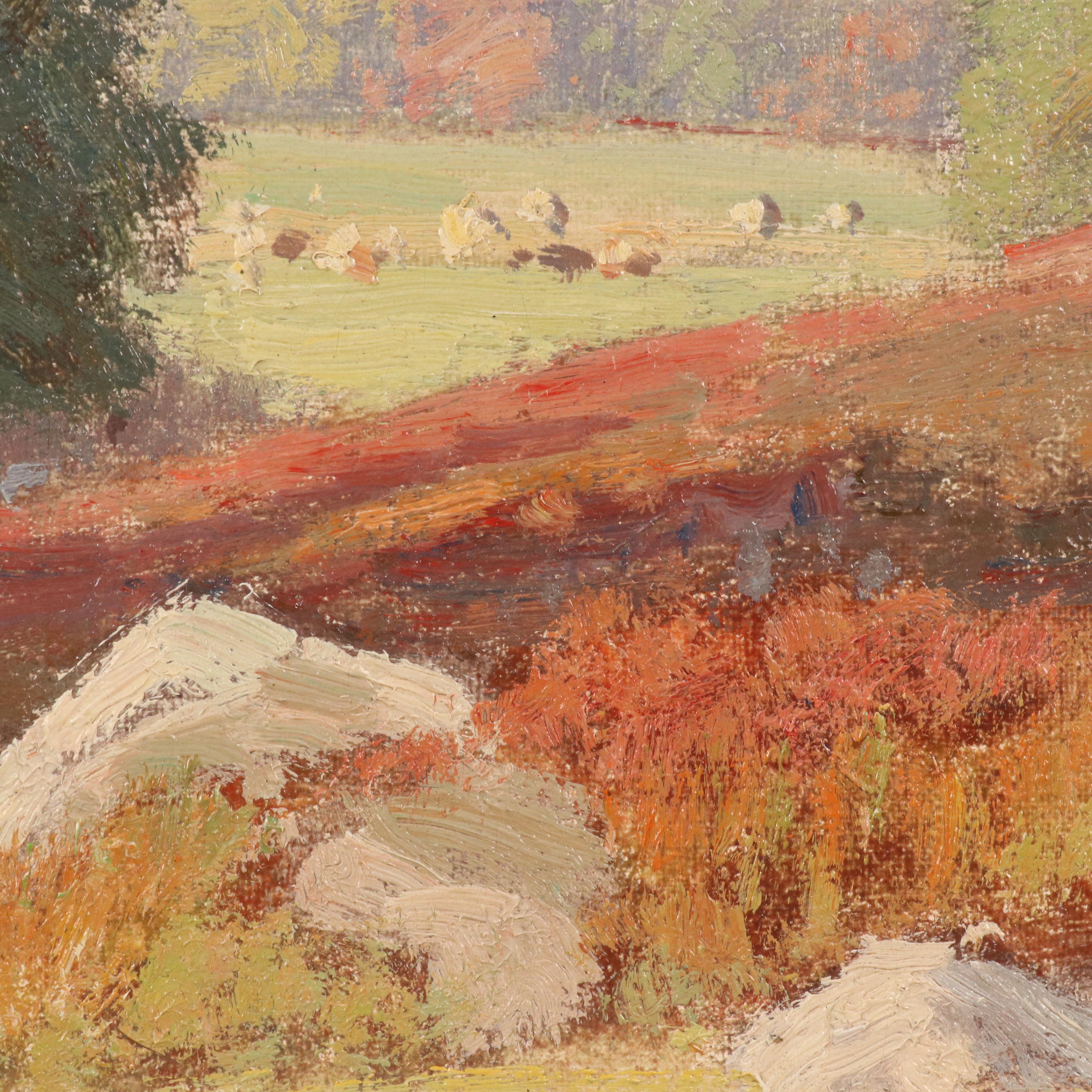 F. E. Roberts Bucolic Landscape Oil Painting "Autumn Pasture," 1907