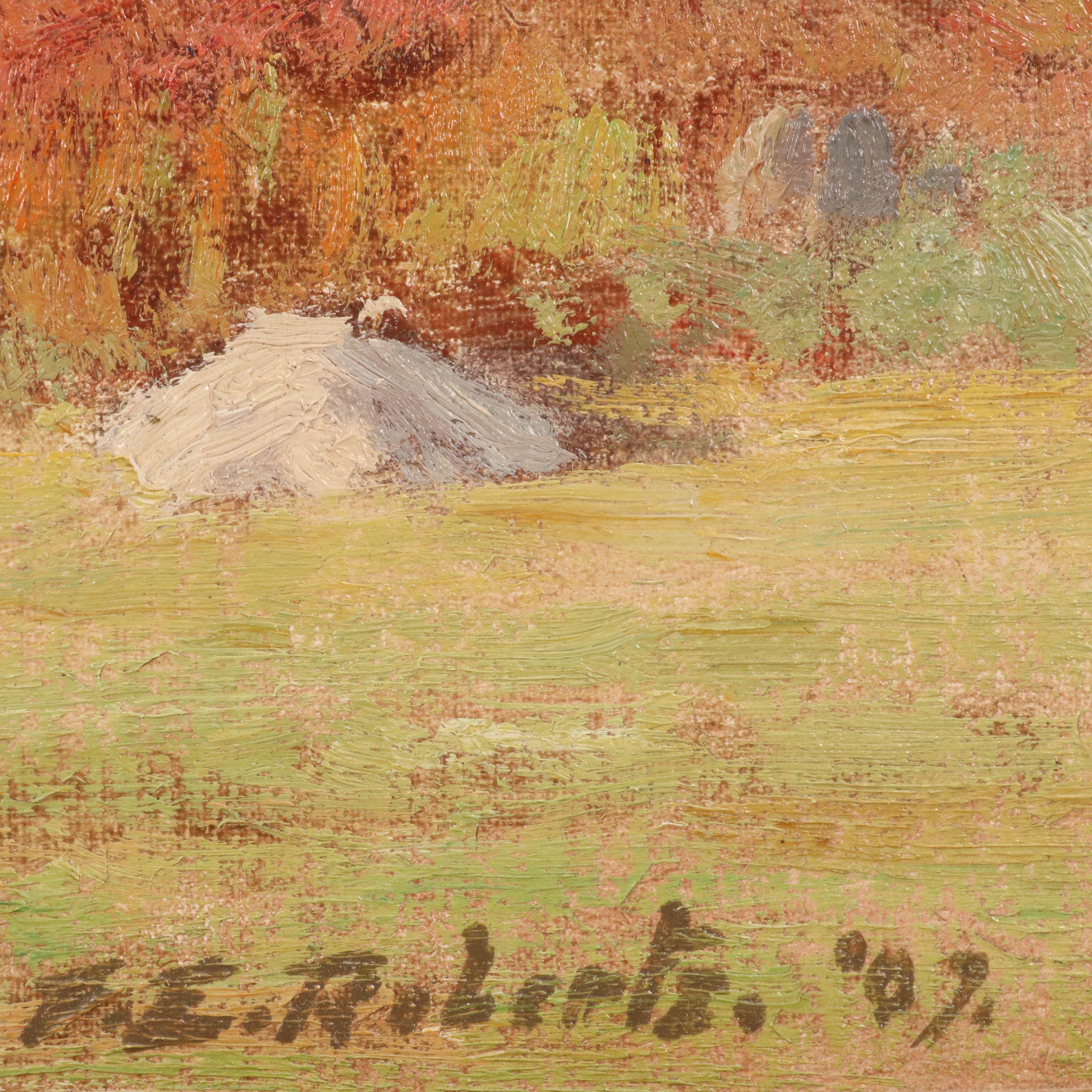 F. E. Roberts Bucolic Landscape Oil Painting "Autumn Pasture," 1907
