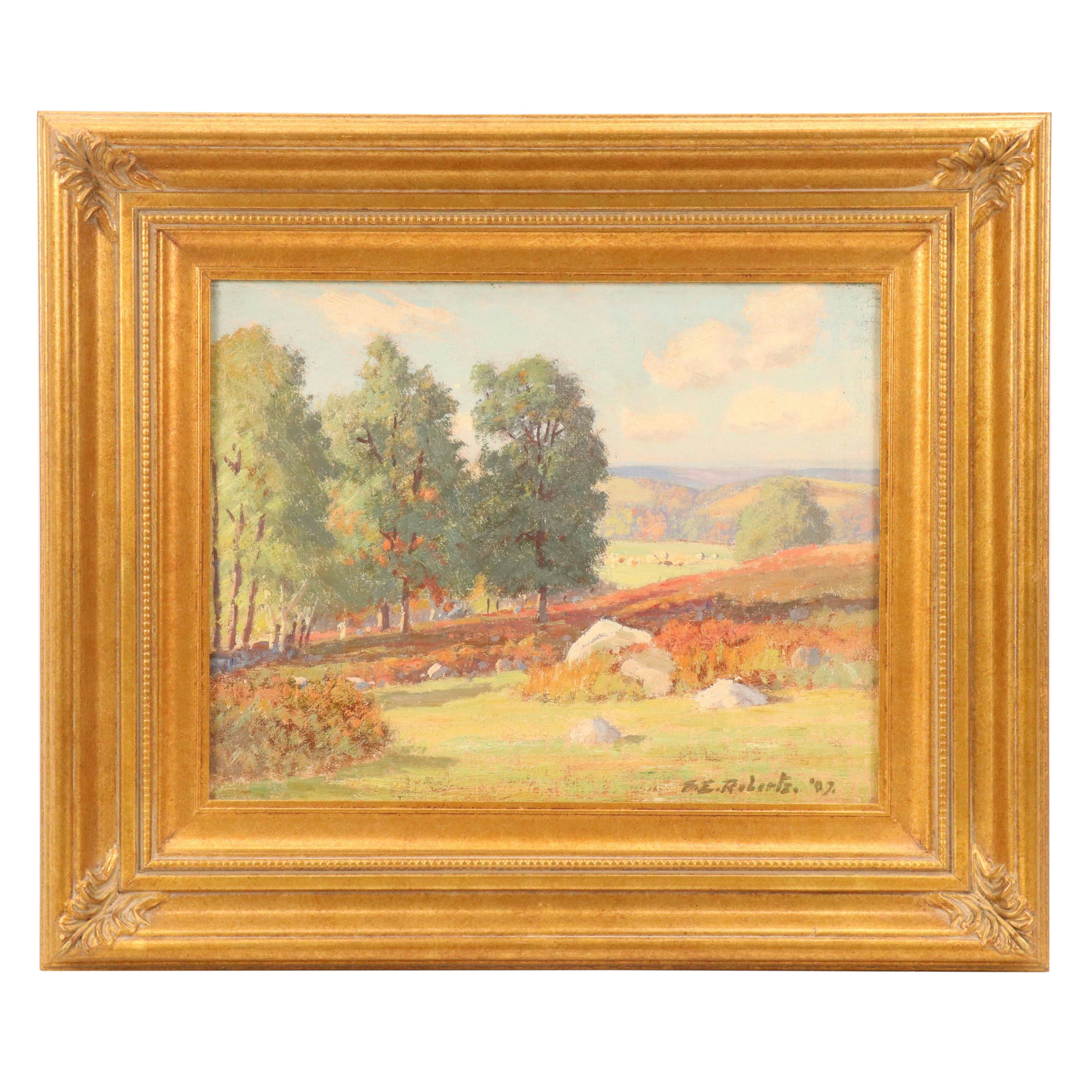 F. E. Roberts Bucolic Landscape Oil Painting "Autumn Pasture," 1907