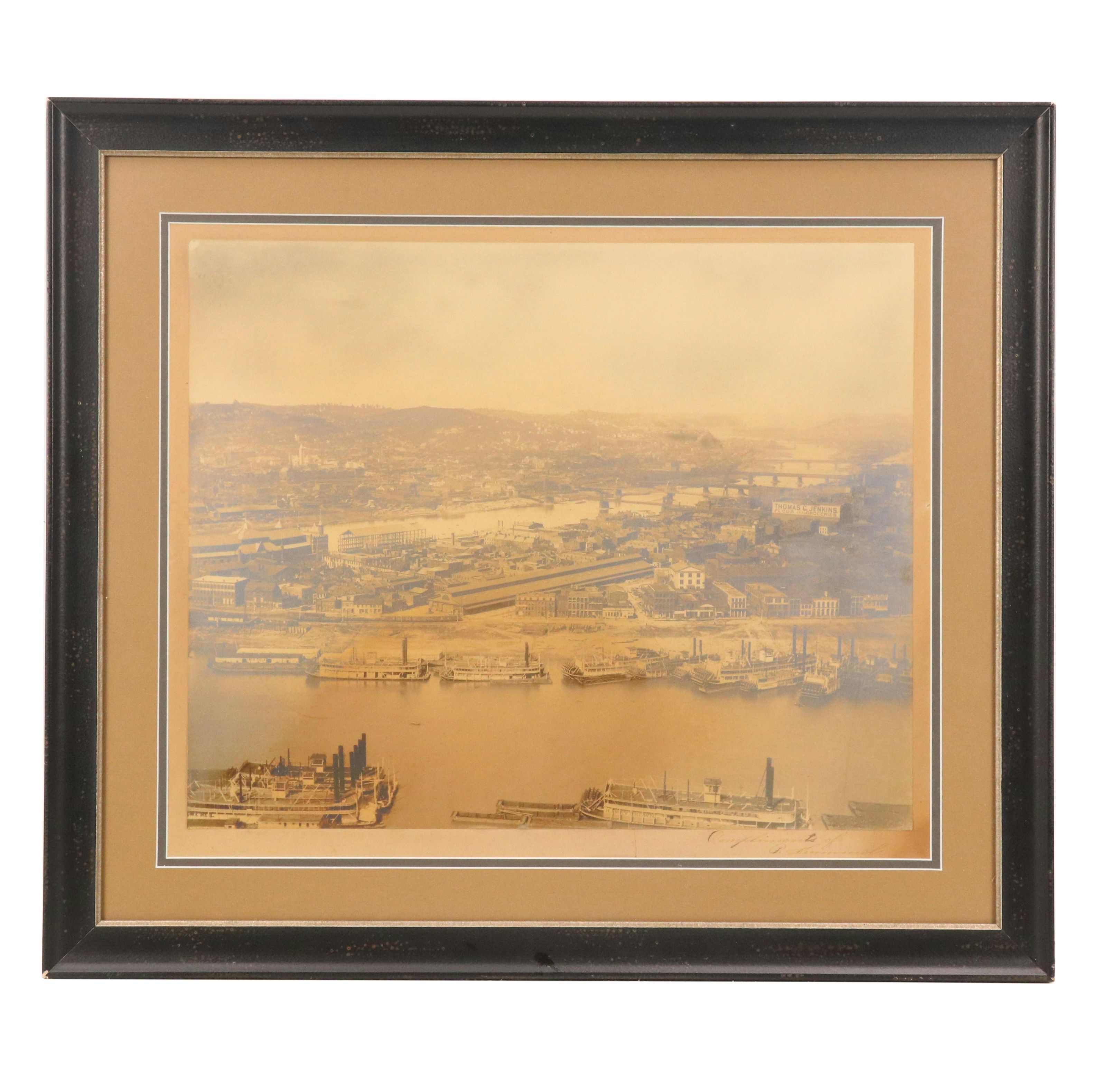 Silver Gelatin Print of Aerial View of River Landscape with Steamboats