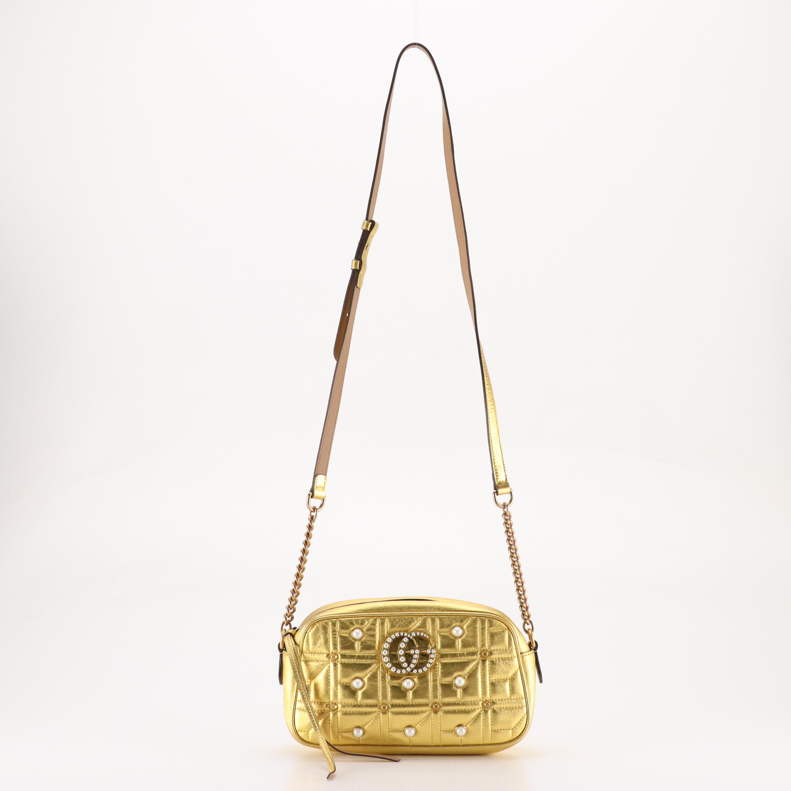 Gucci Marmont Camera Crossbody Bag in Pearl Studded Gold Quilted Leather