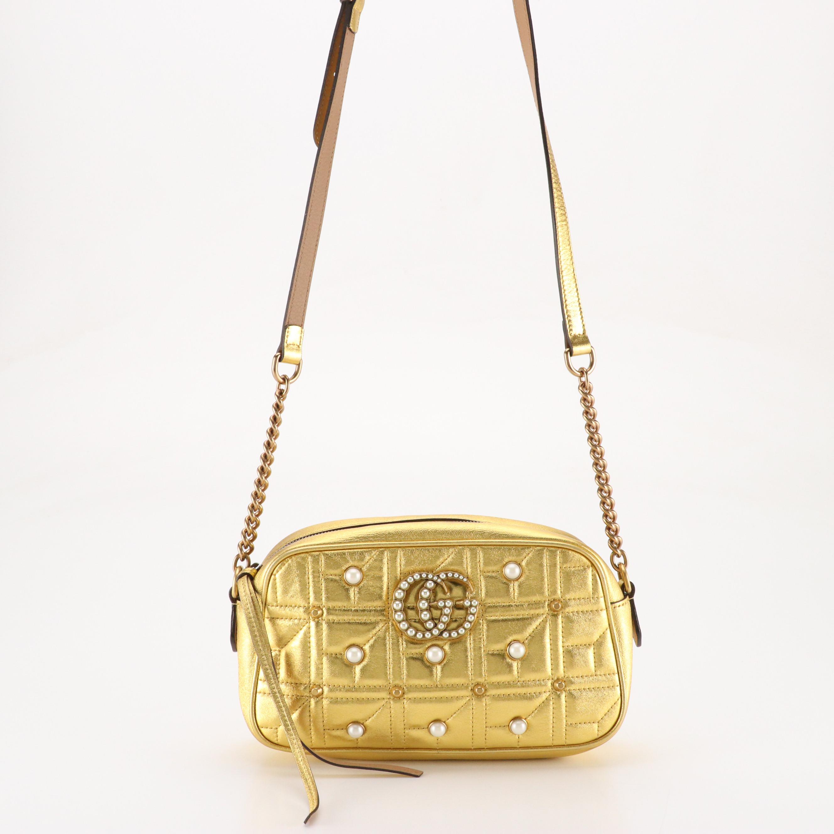 Gucci Marmont Camera Crossbody Bag in Pearl Studded Gold Quilted Leather