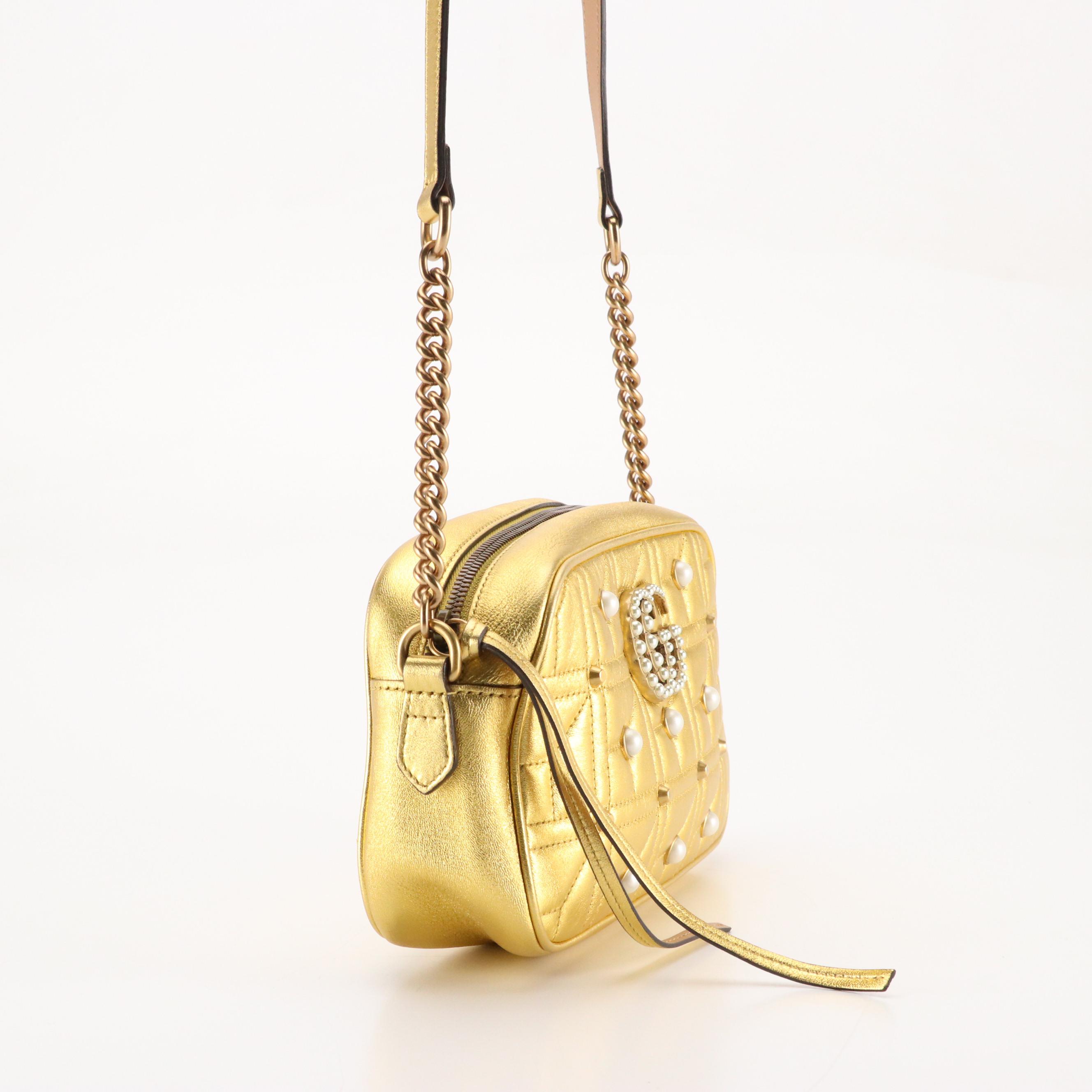 Gucci Marmont Camera Crossbody Bag in Pearl Studded Gold Quilted Leather