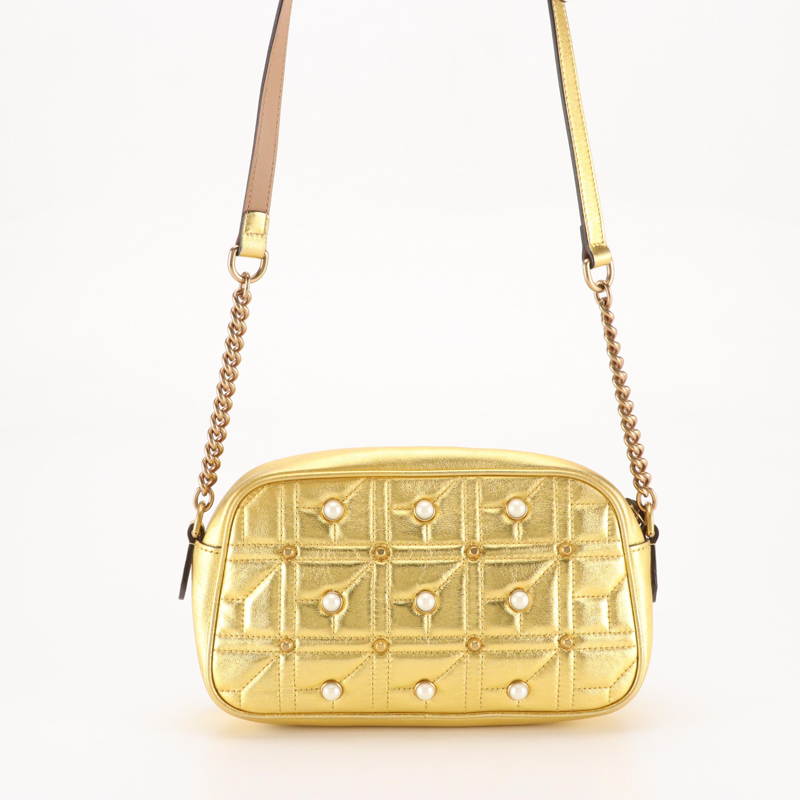 Gucci Marmont Camera Crossbody Bag in Pearl Studded Gold Quilted Leather