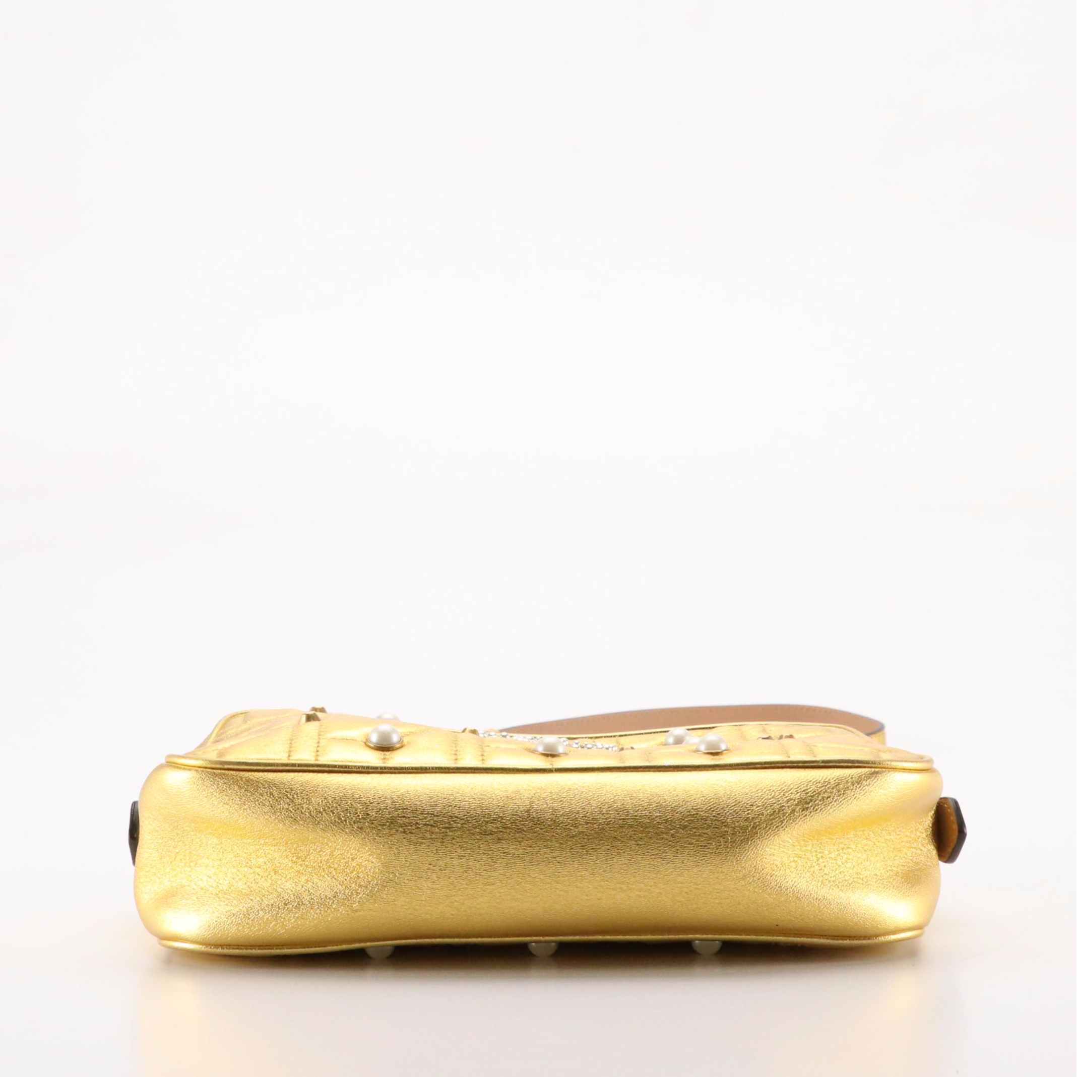 Gucci Marmont Camera Crossbody Bag in Pearl Studded Gold Quilted Leather