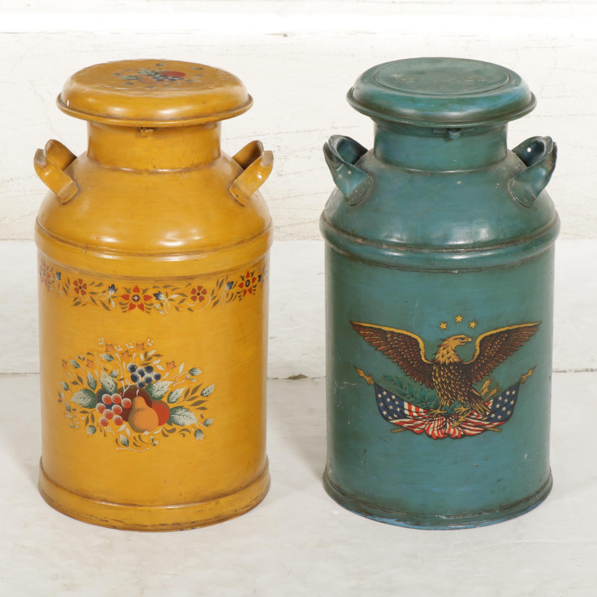 Two Hand-Painted Milk Cans, Mid to Late 20th Century