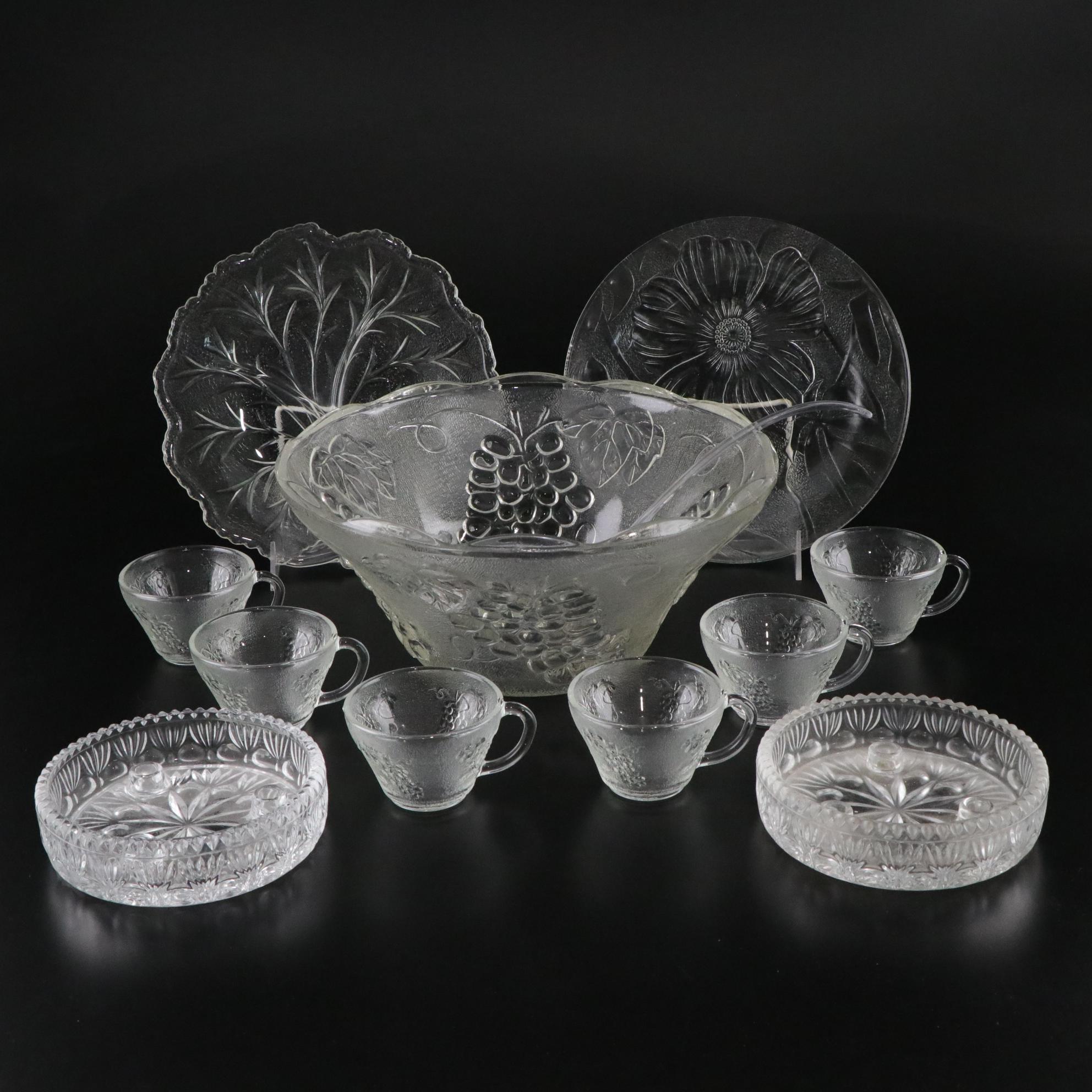 KIG Pressed Glass "Harvest Grape" Punch Bowl & Cups with Serving Dishes & More