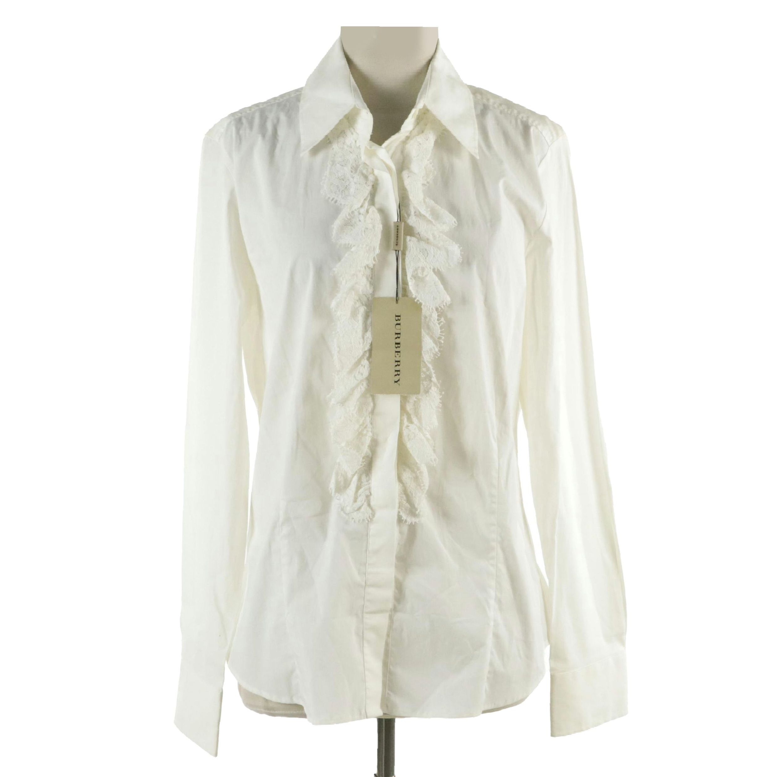 Burberry Lace Ruffle-Front Blouse in White Stretch Cotton, With Tag