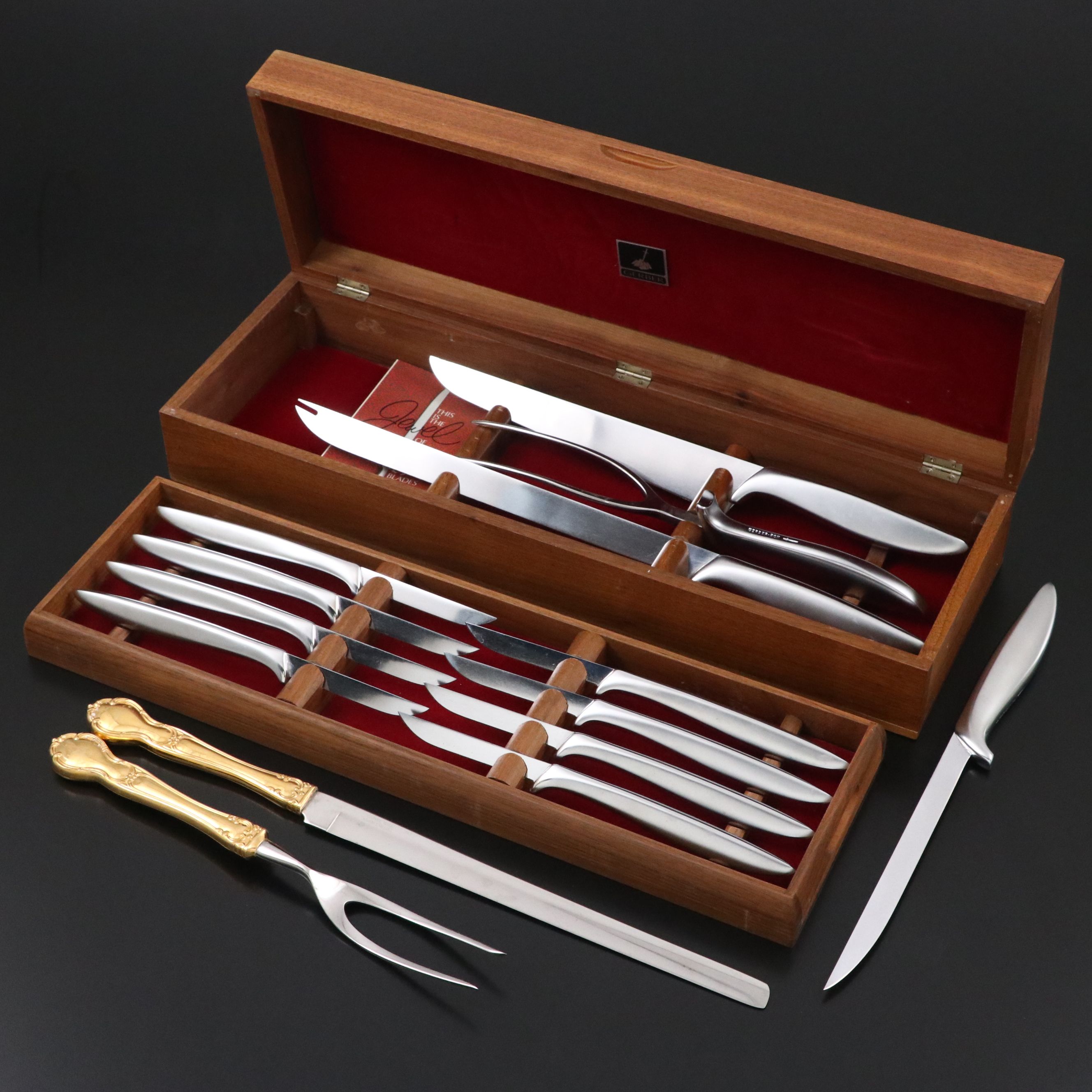 Gerber Stainless Steel Dinner Knives with Gilt Carving Set