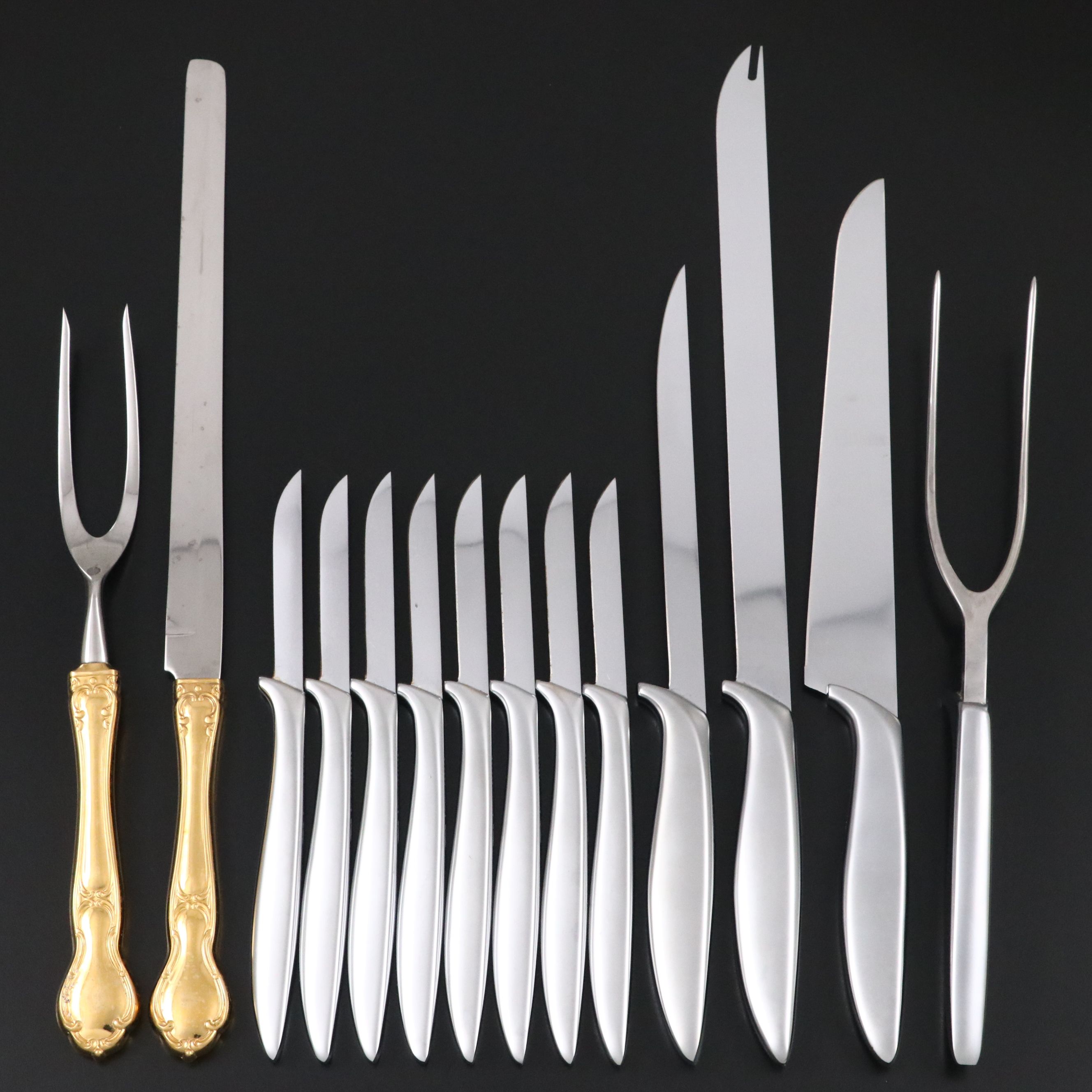 Gerber Stainless Steel Dinner Knives with Gilt Carving Set