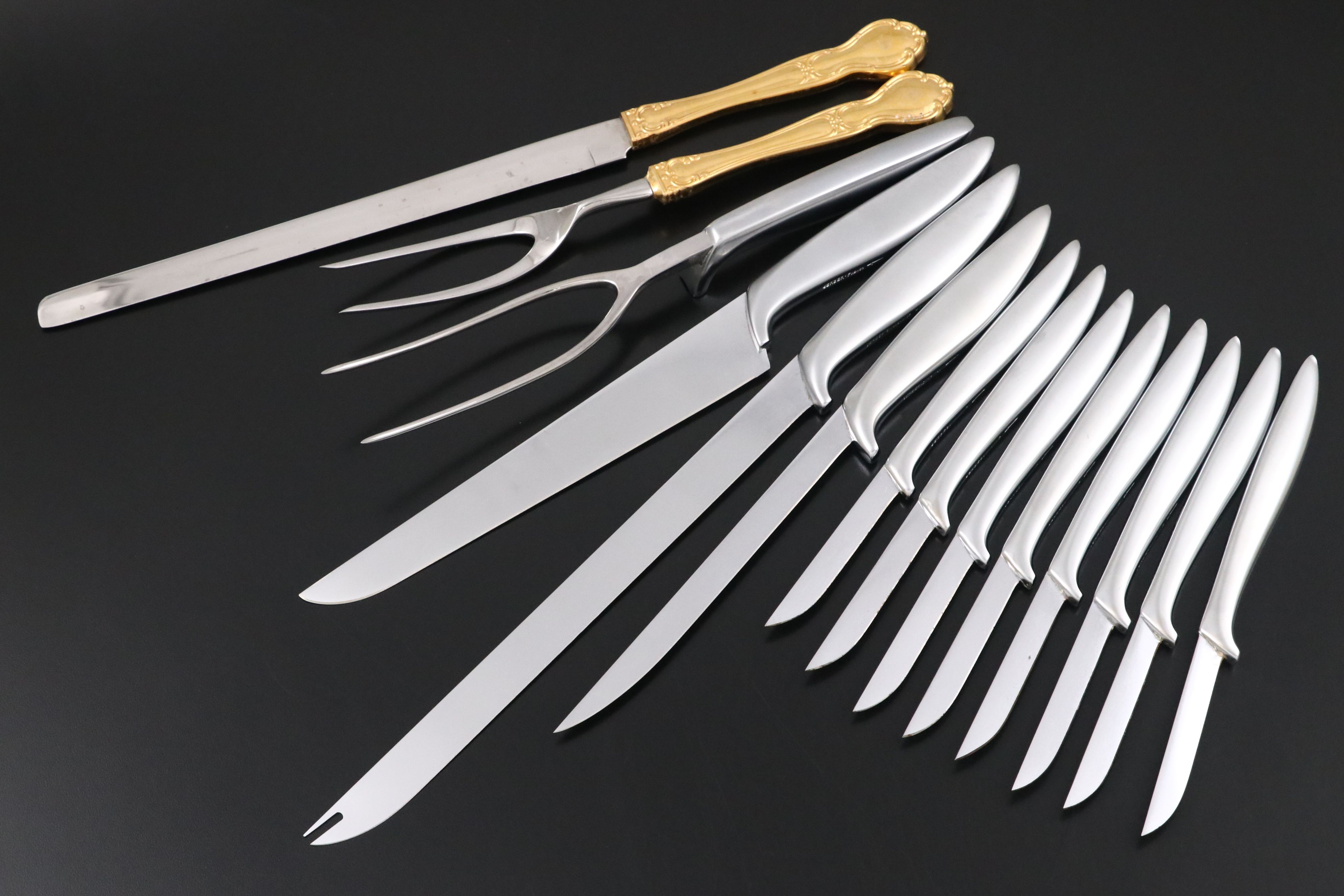Gerber Stainless Steel Dinner Knives with Gilt Carving Set