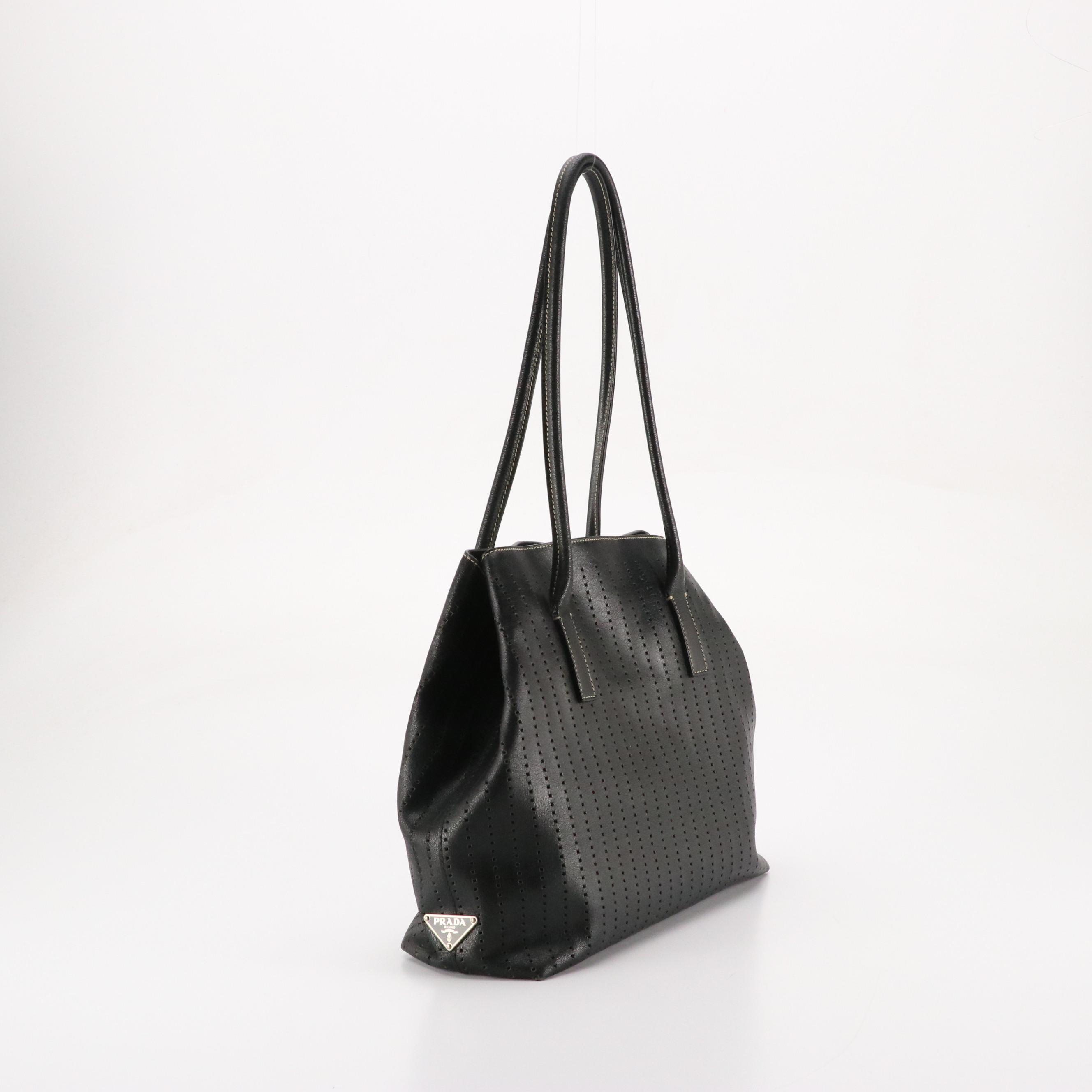 Prada Shoulder Bag in Black Perforated Leather with Contrast Stitching