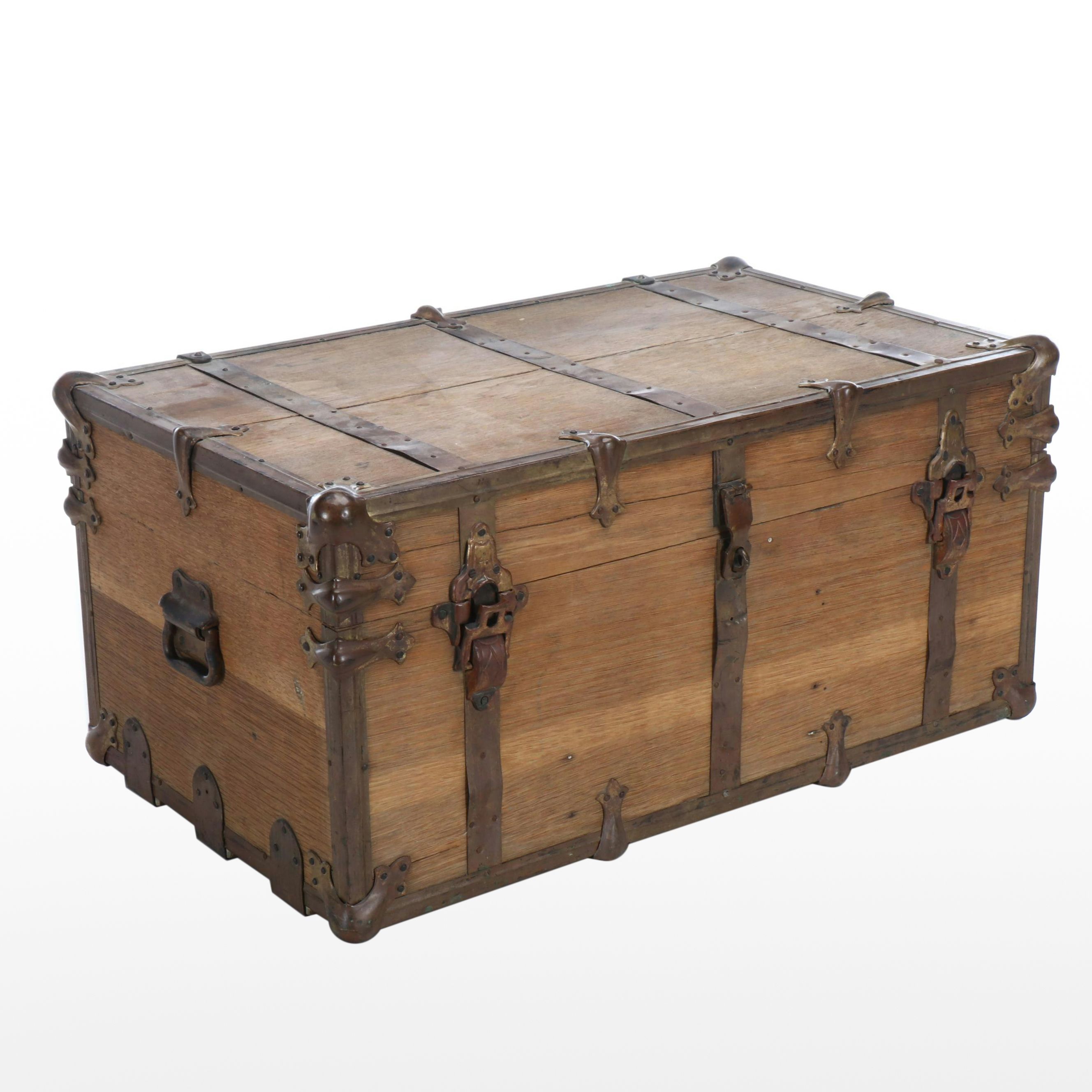 Victorian Wooden Metal Banded Flat Top Trunk, 19th Century