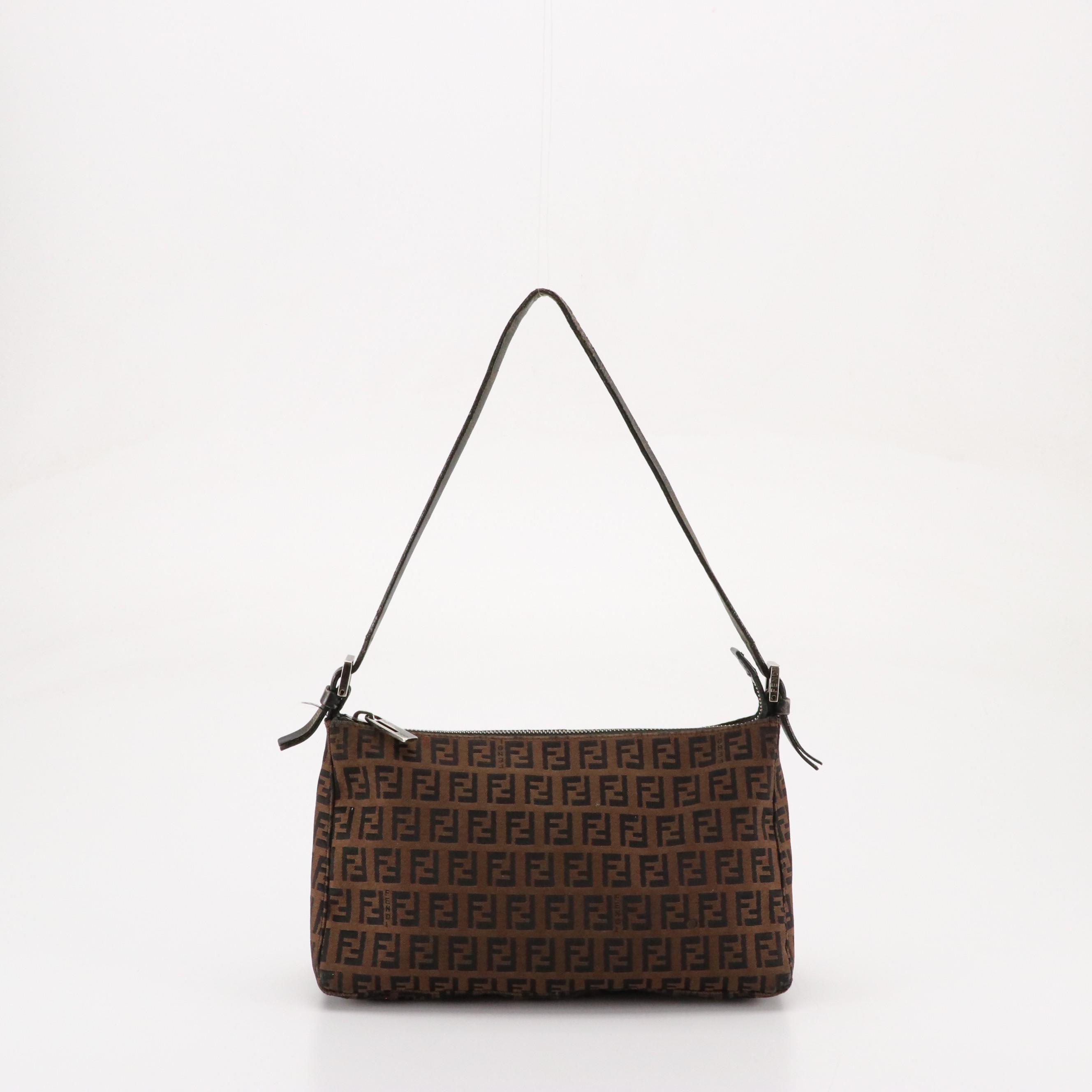 Fendi Pochette in Tobacco Zucchino Jacquard Canvas and Leather
