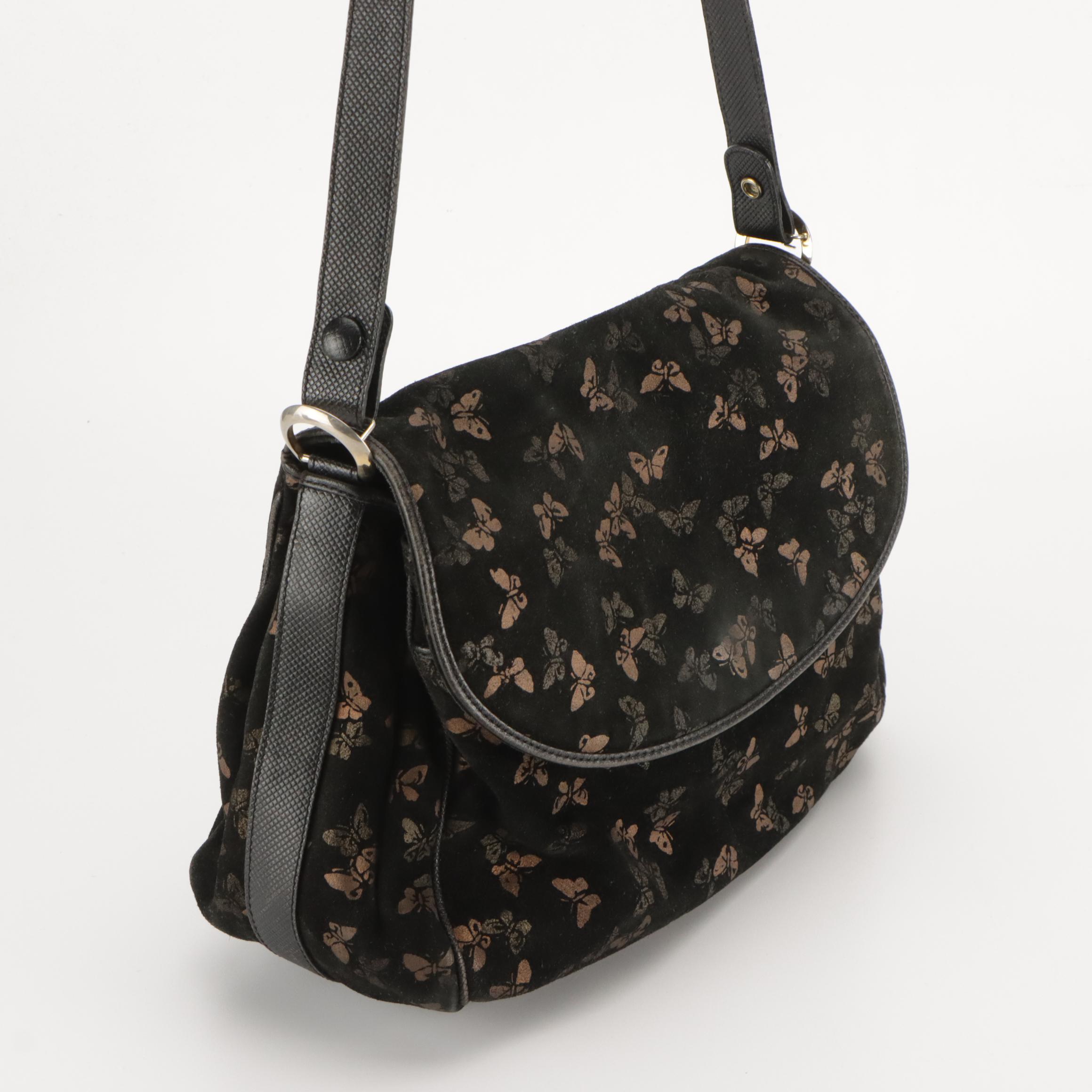 Bottega Veneta Shoulder Bag in Metallic Butterfly Print Black Suede and Leather