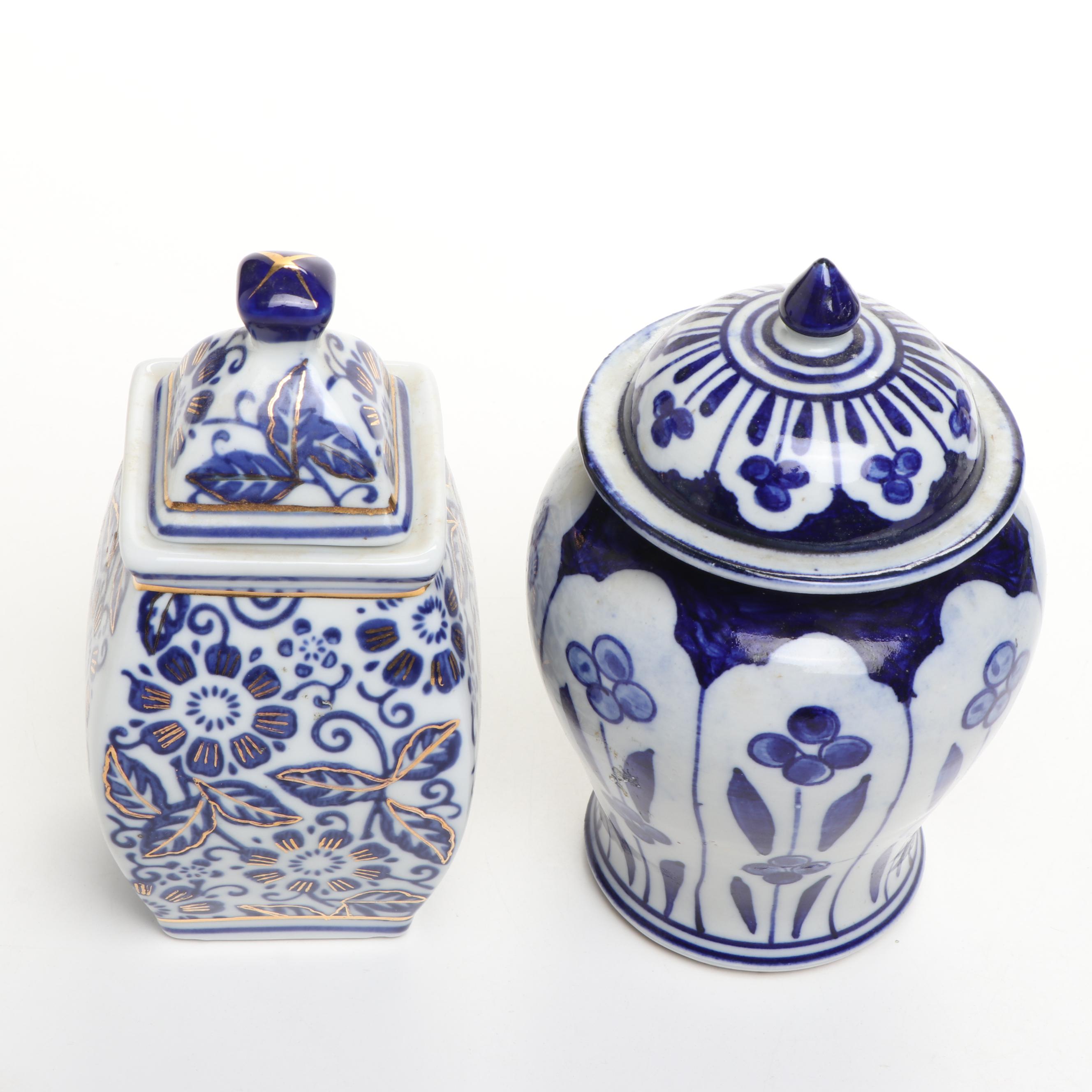 Chinese Floral Blue and White Porcelain Lidded Urns and Jars with Vase