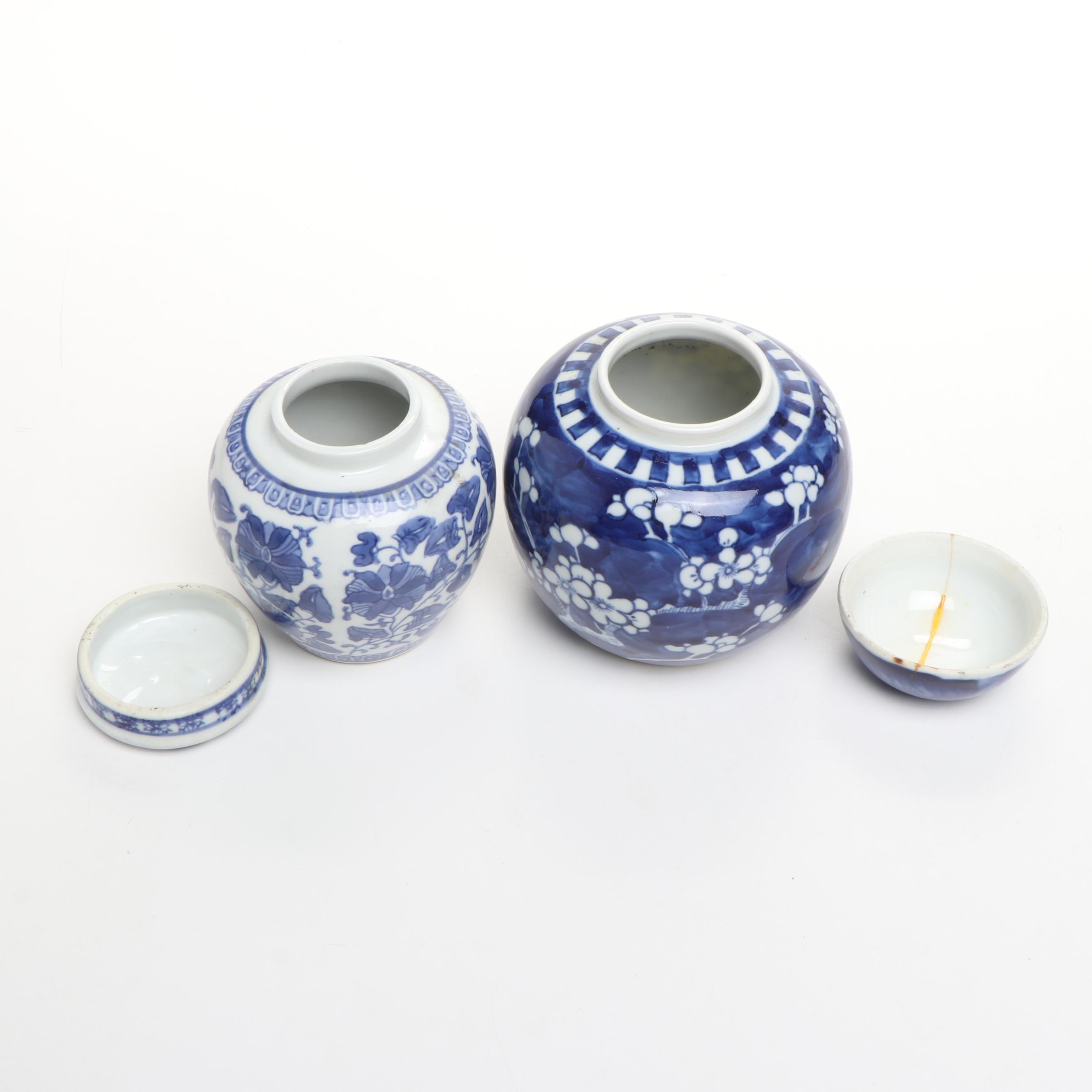 Chinese Floral Blue and White Porcelain Lidded Urns and Jars with Vase