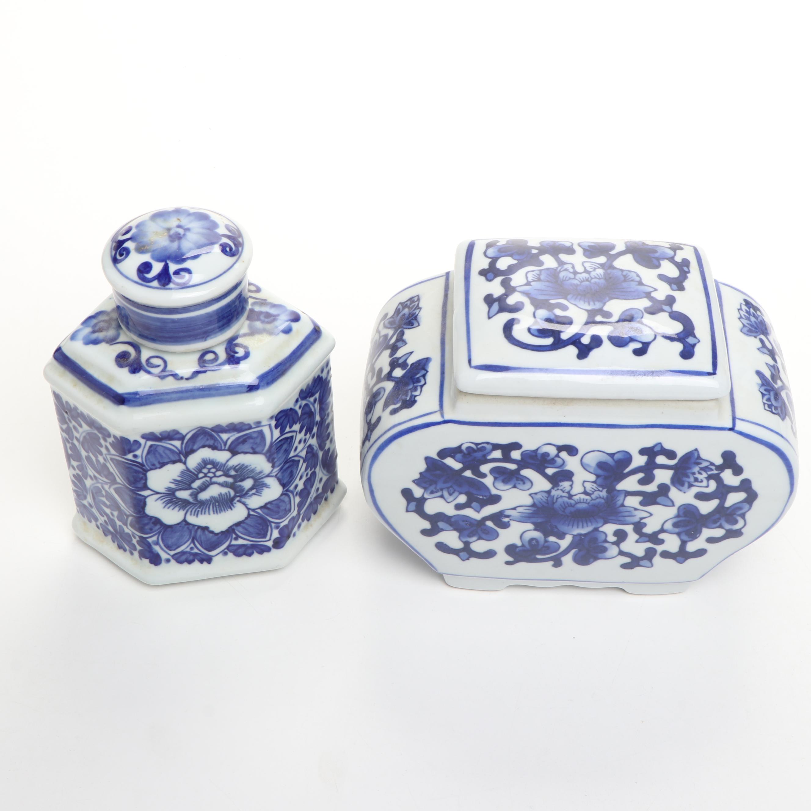 Chinese Floral Blue and White Porcelain Lidded Urns and Jars with Vase