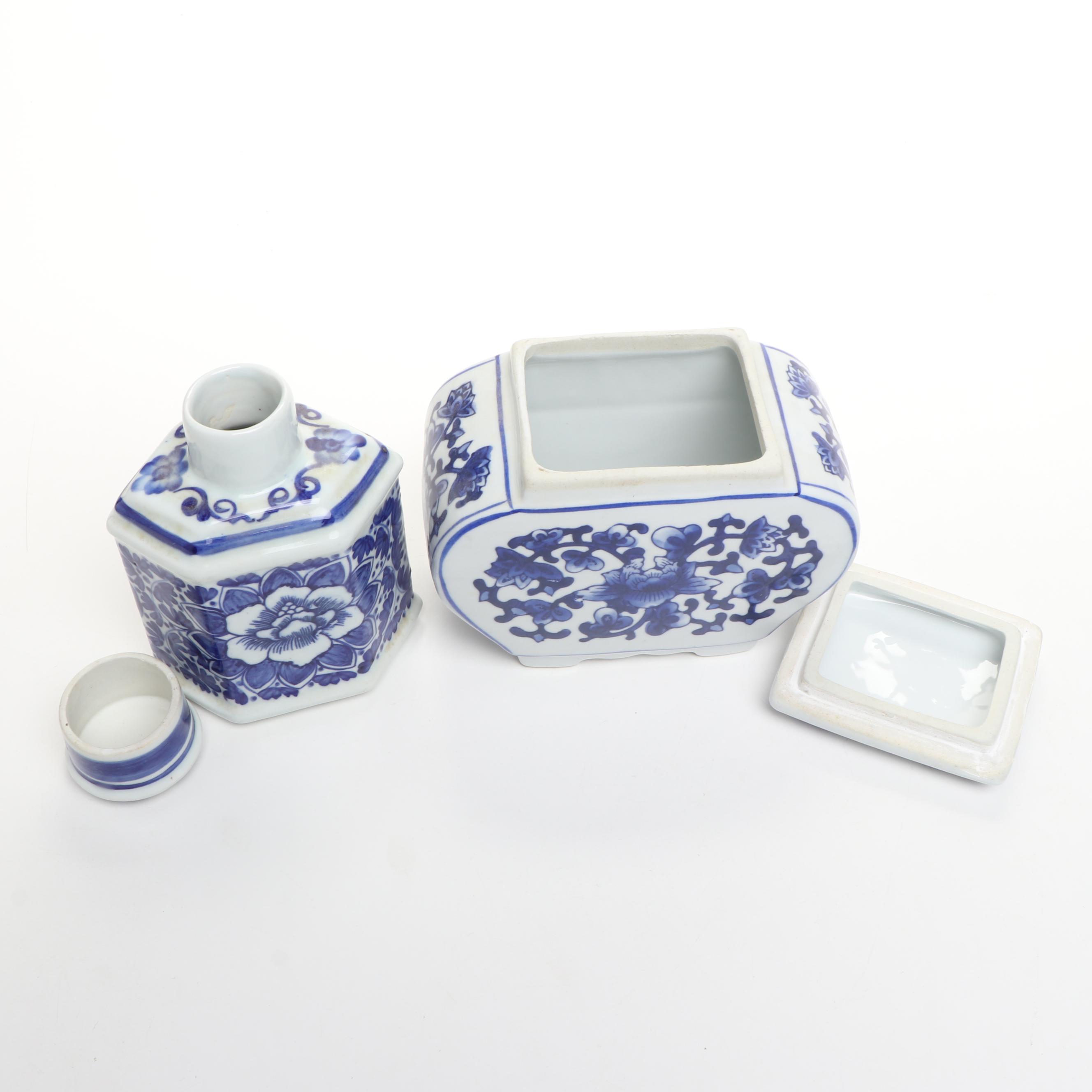 Chinese Floral Blue and White Porcelain Lidded Urns and Jars with Vase