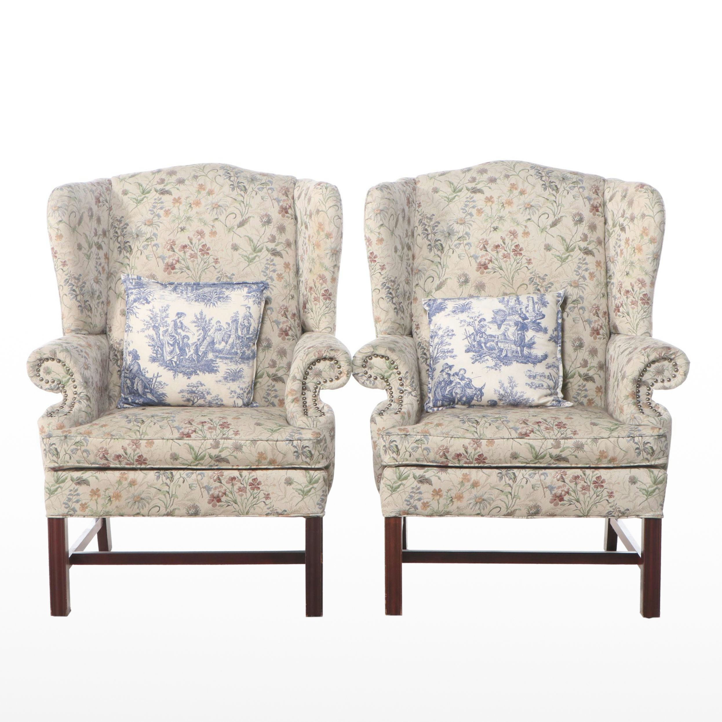 Pair of Wild Flower Upholstered Wingback Armchairs