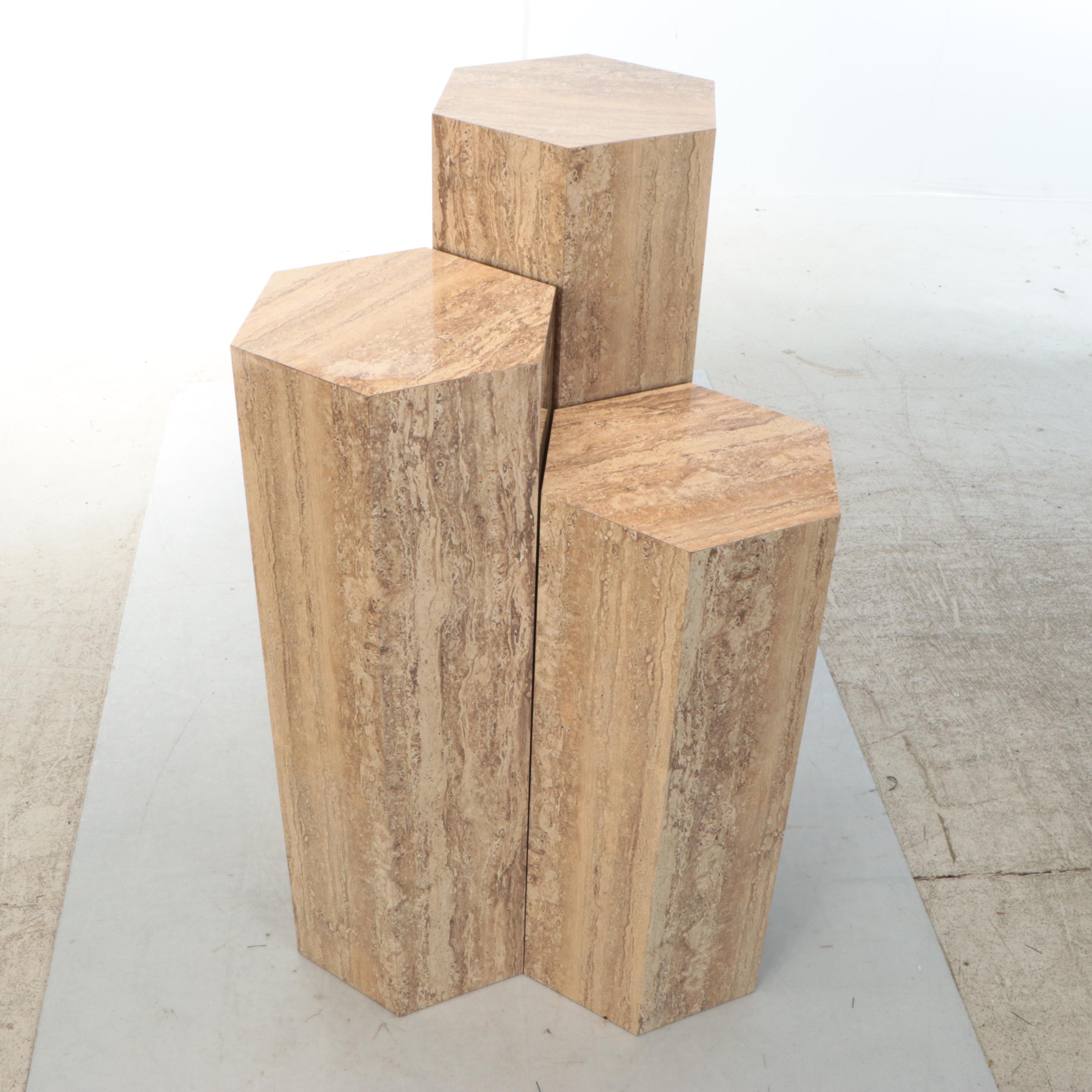 Set of Three Modernist Faux Travertine Pedestal Stands, Late 20th Century