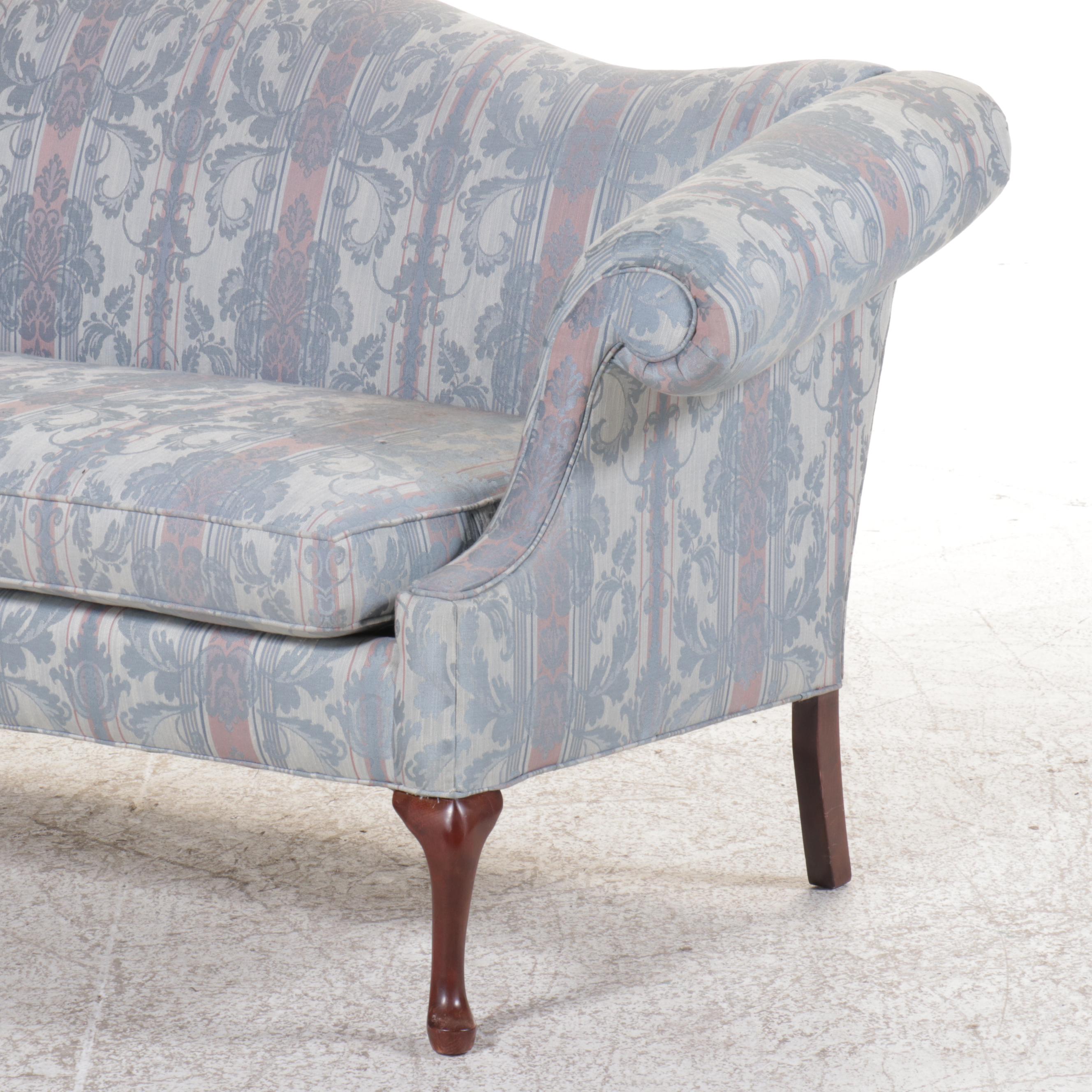 Queen Anne Style Fabric Upholstered Mahogany Camelback Sofa, Late 20th Century