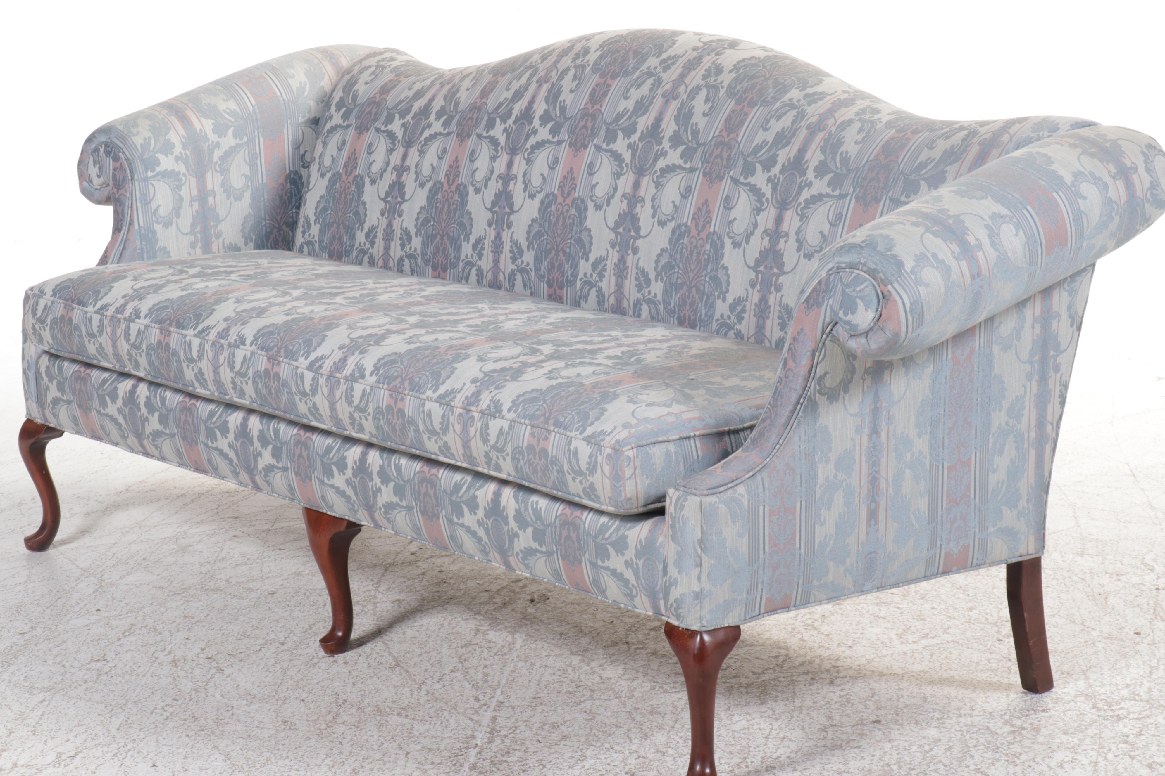 Queen Anne Style Fabric Upholstered Mahogany Camelback Sofa, Late 20th Century