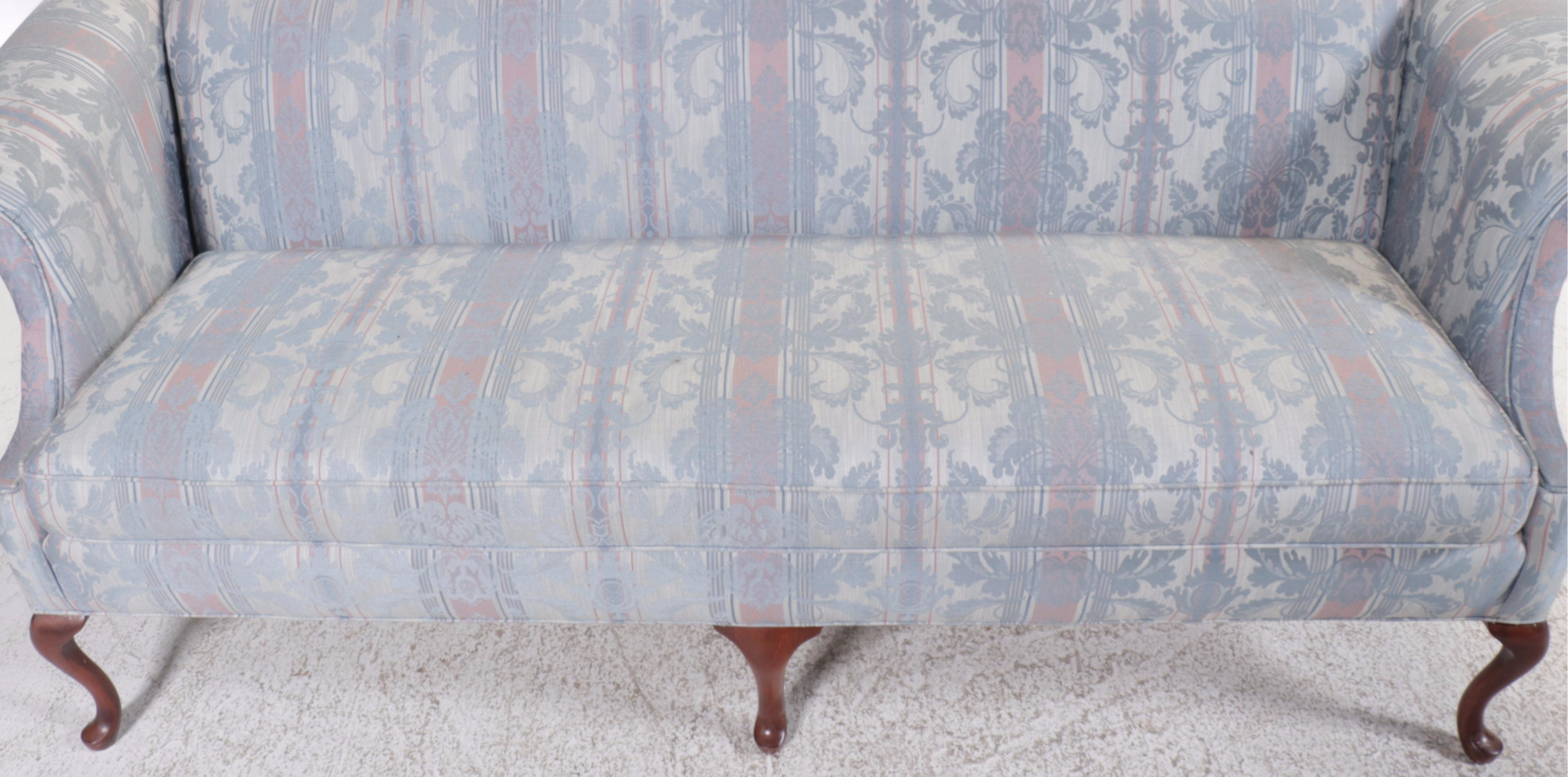 Queen Anne Style Fabric Upholstered Mahogany Camelback Sofa, Late 20th Century