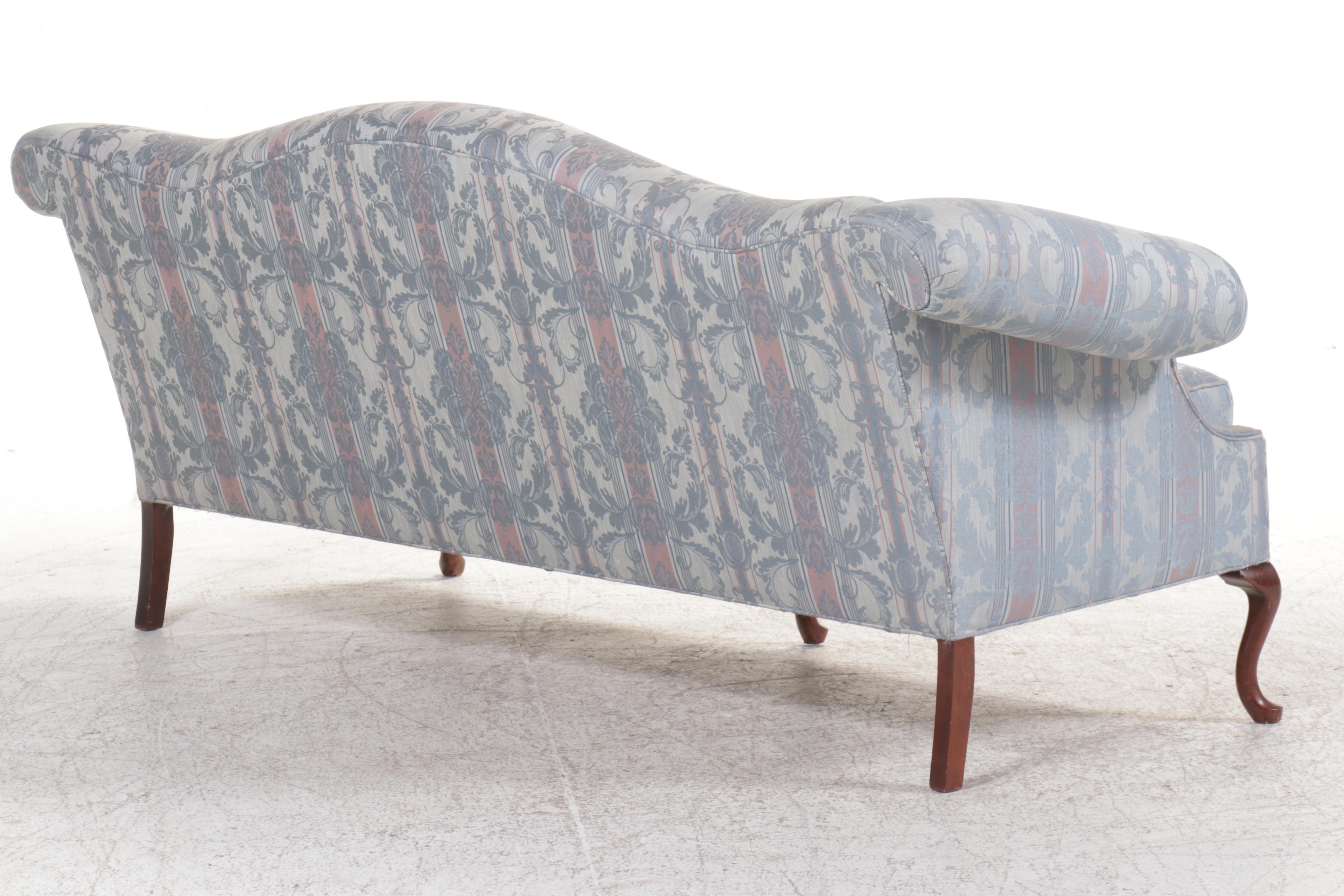 Queen Anne Style Fabric Upholstered Mahogany Camelback Sofa, Late 20th Century