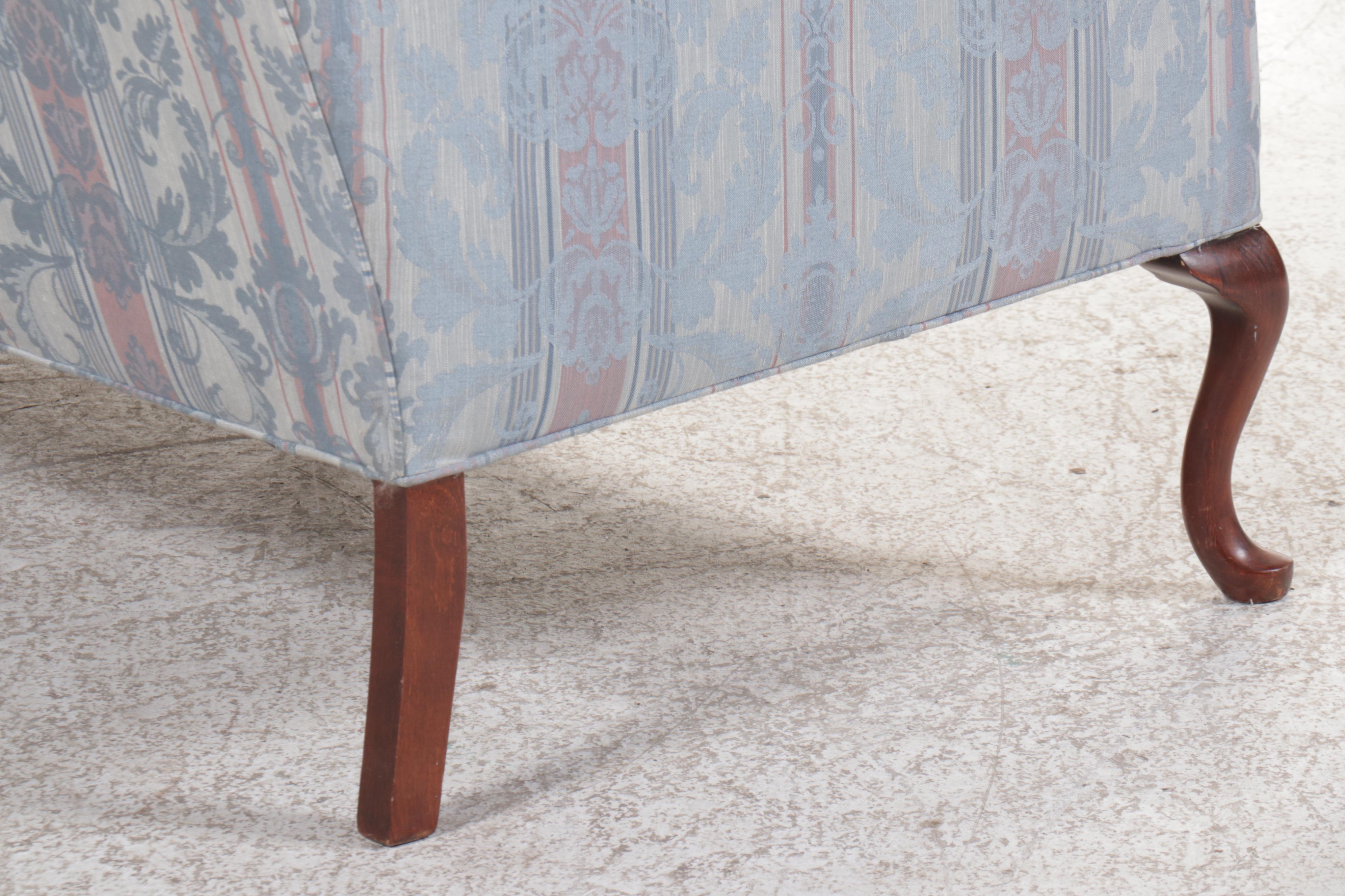 Queen Anne Style Fabric Upholstered Mahogany Camelback Sofa, Late 20th Century