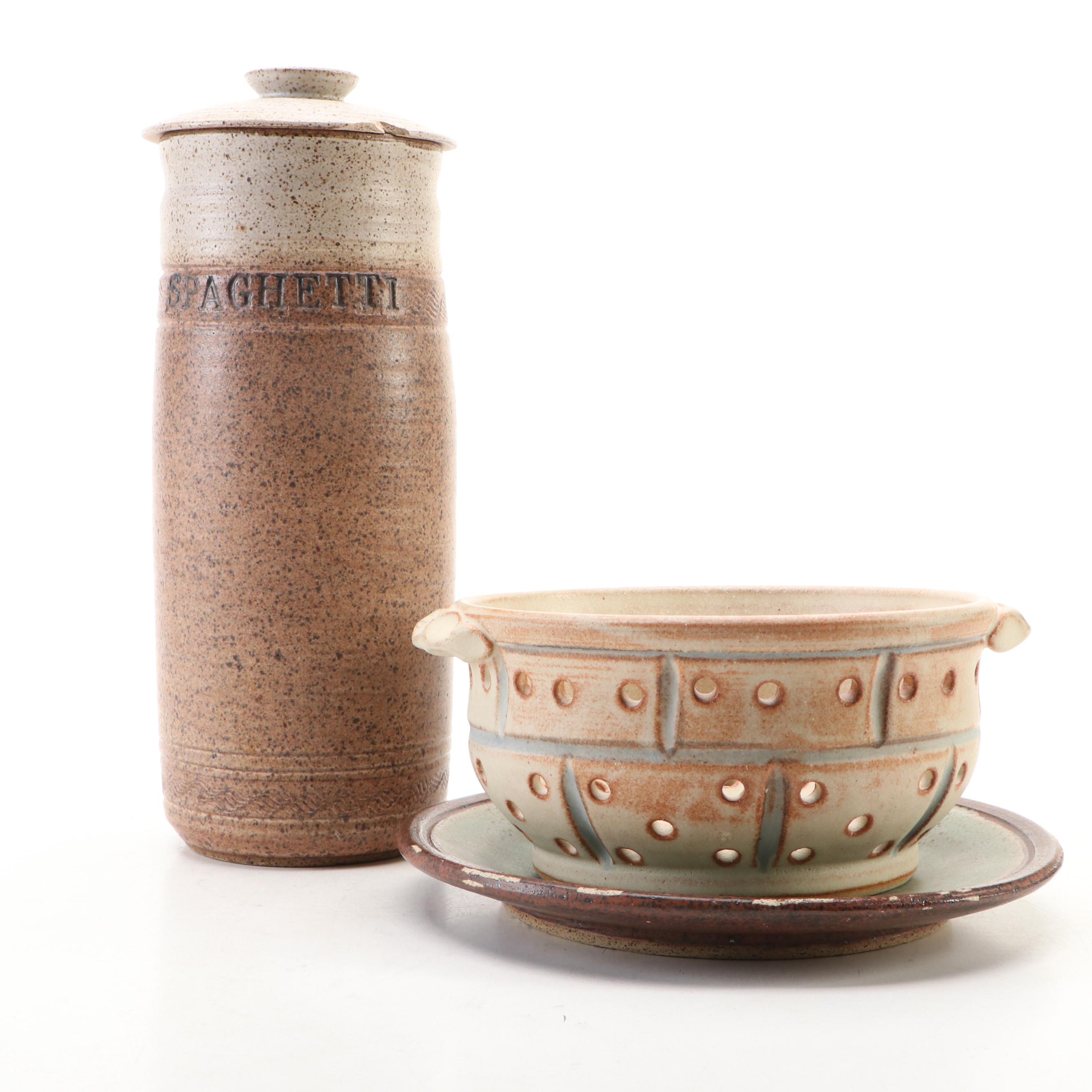 Dick Overman Art Pottery Stoneware Spaghetti Canister with Colander and Plate