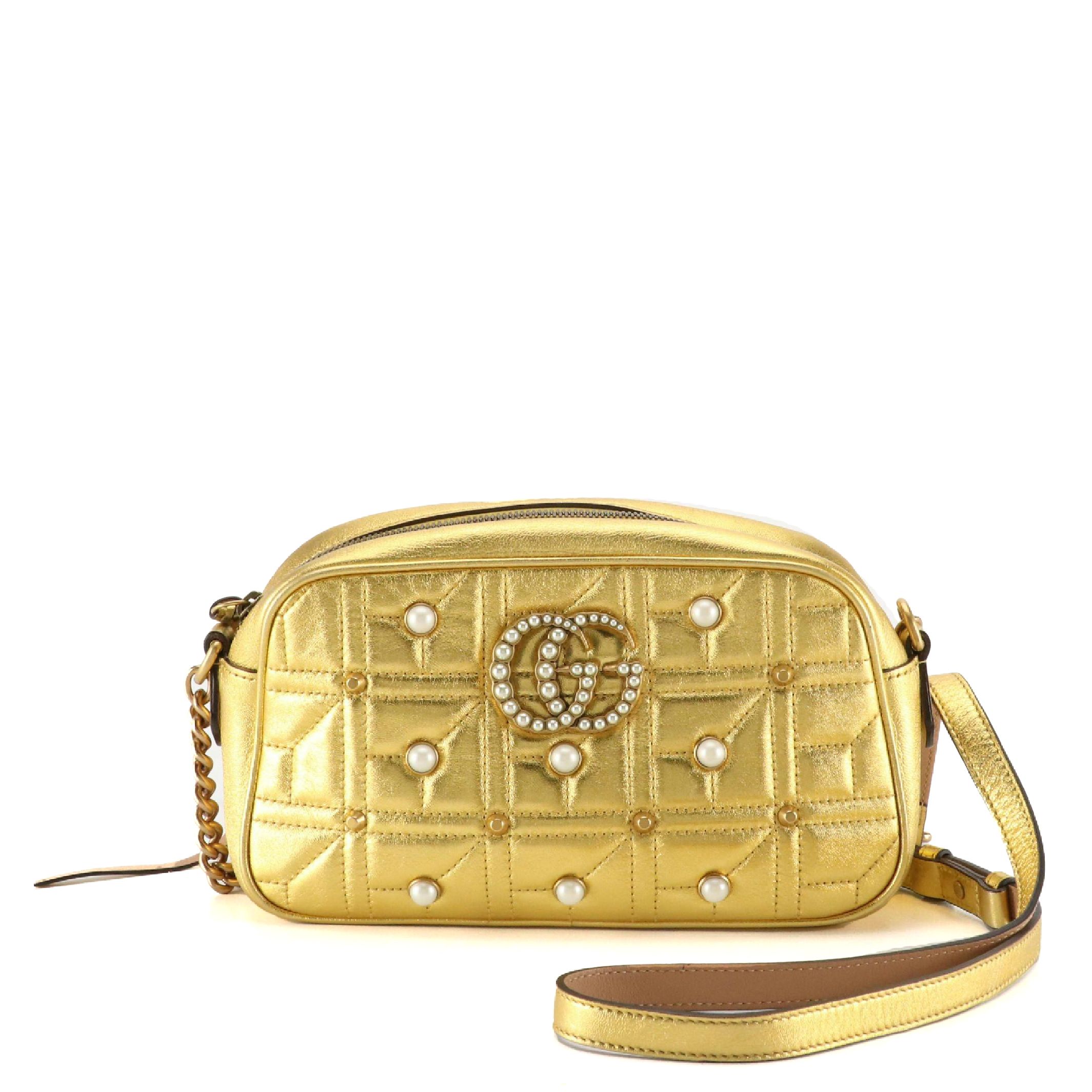Gucci Marmont Camera Crossbody Bag in Pearl Studded Gold Quilted Leather