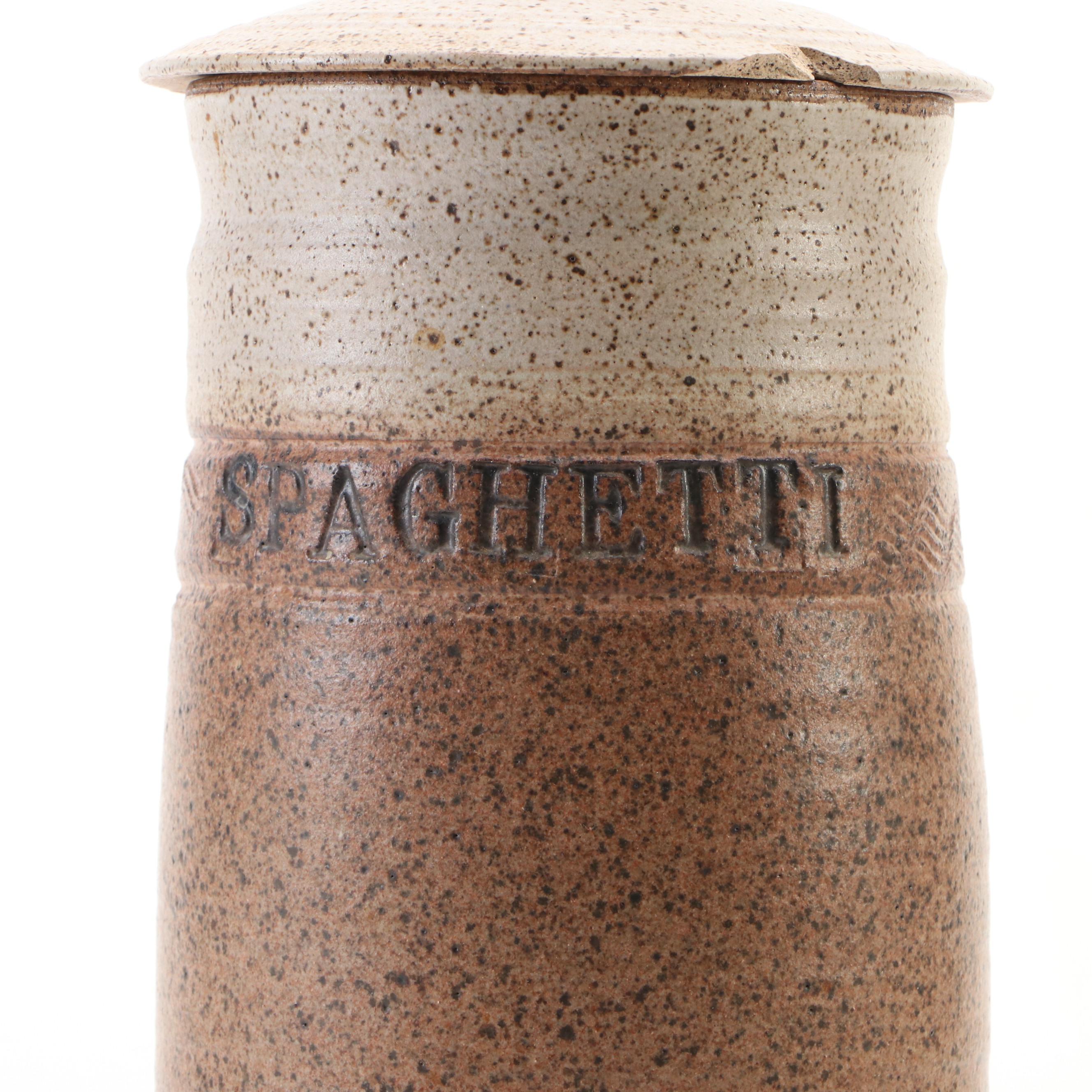 Dick Overman Art Pottery Stoneware Spaghetti Canister with Colander and Plate