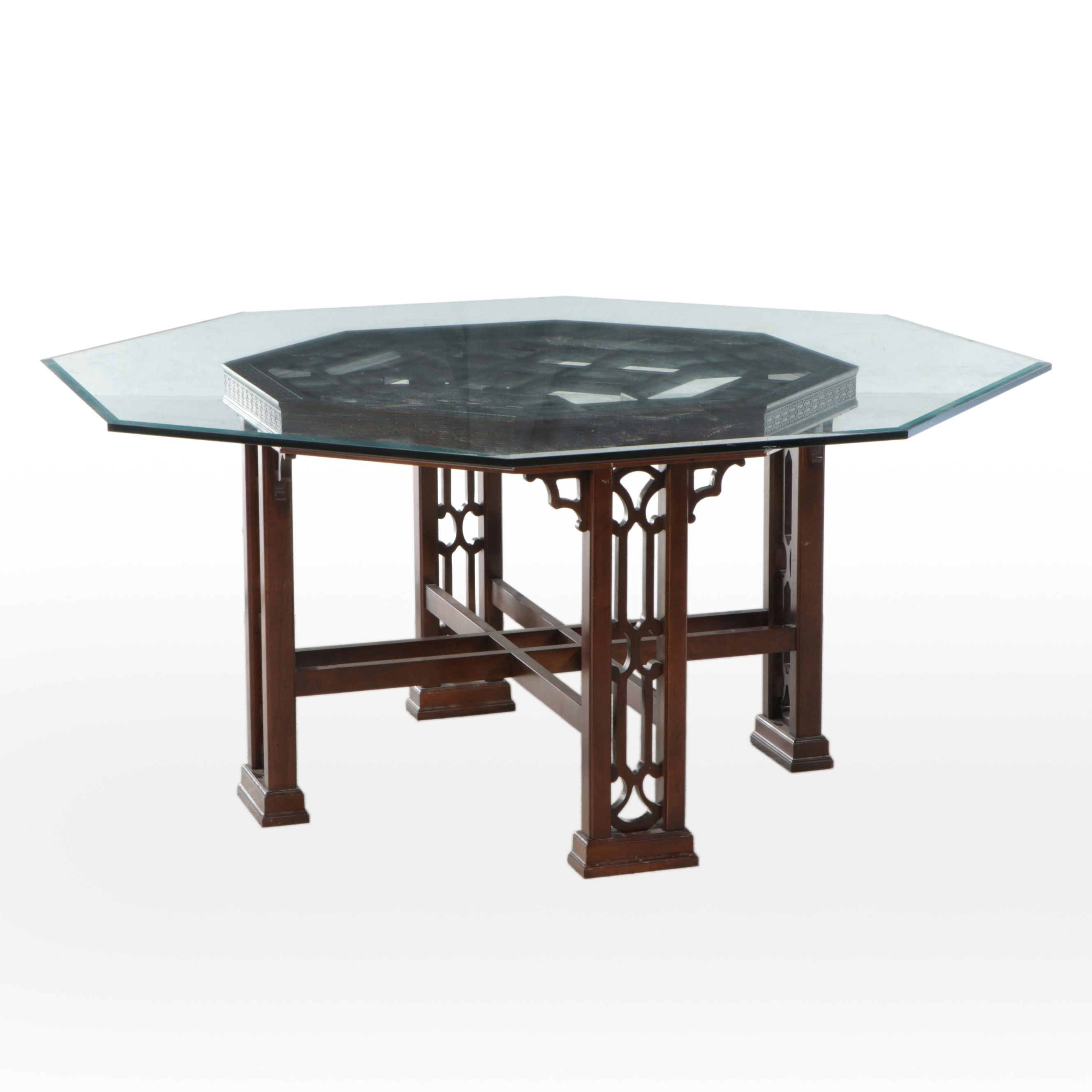 Thomasville Chinese Style Mahogany Dining Table with Glass Top