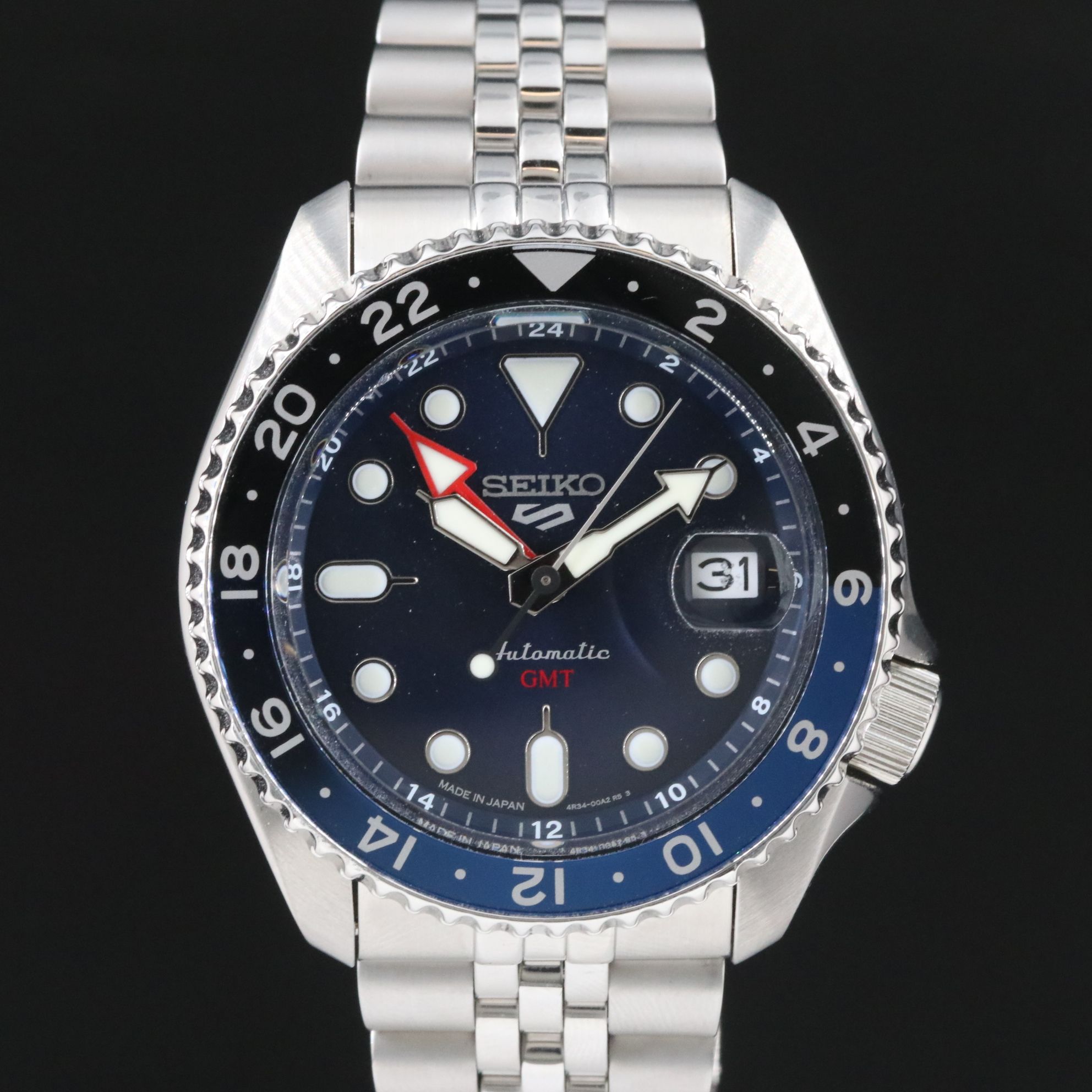 Seiko Sports 5 GMT Blue Black Steel Automatic Watch