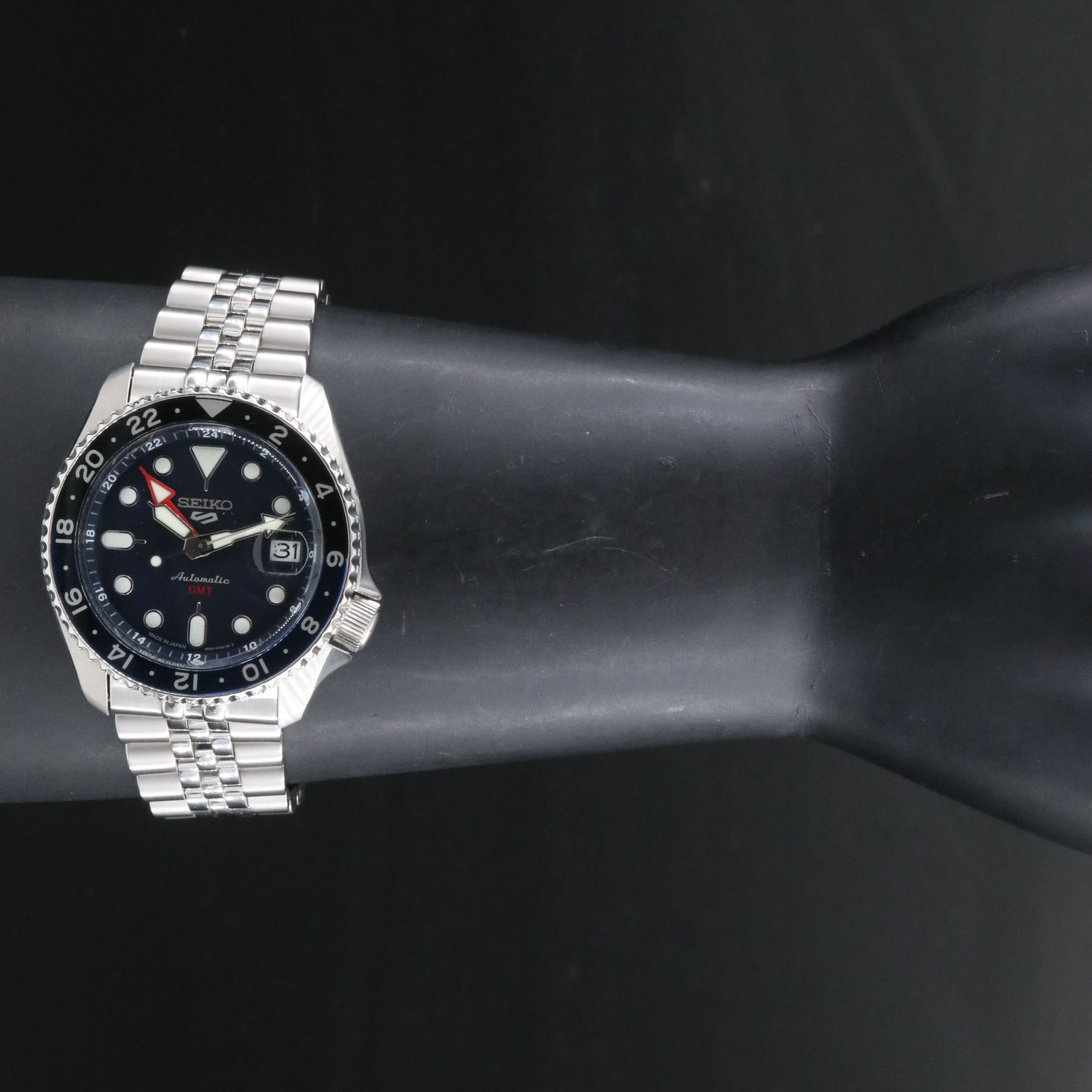 Seiko Sports 5 GMT Blue Black Steel Automatic Watch