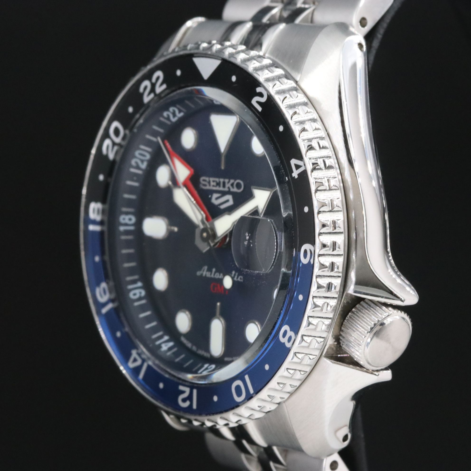 Seiko Sports 5 GMT Blue Black Steel Automatic Watch