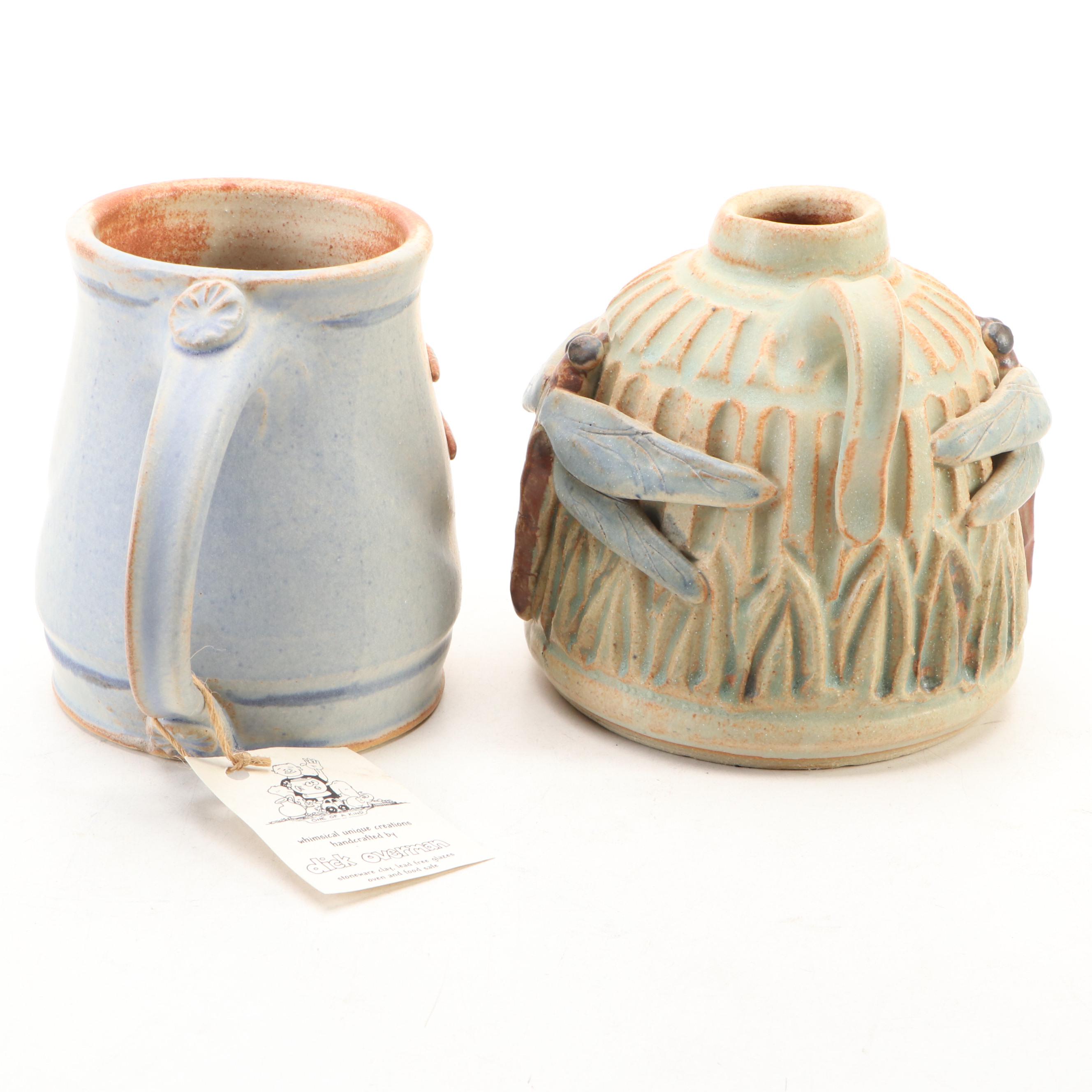 Dick Overman Art Pottery Stoneware Dragonfly Mugs and Jug