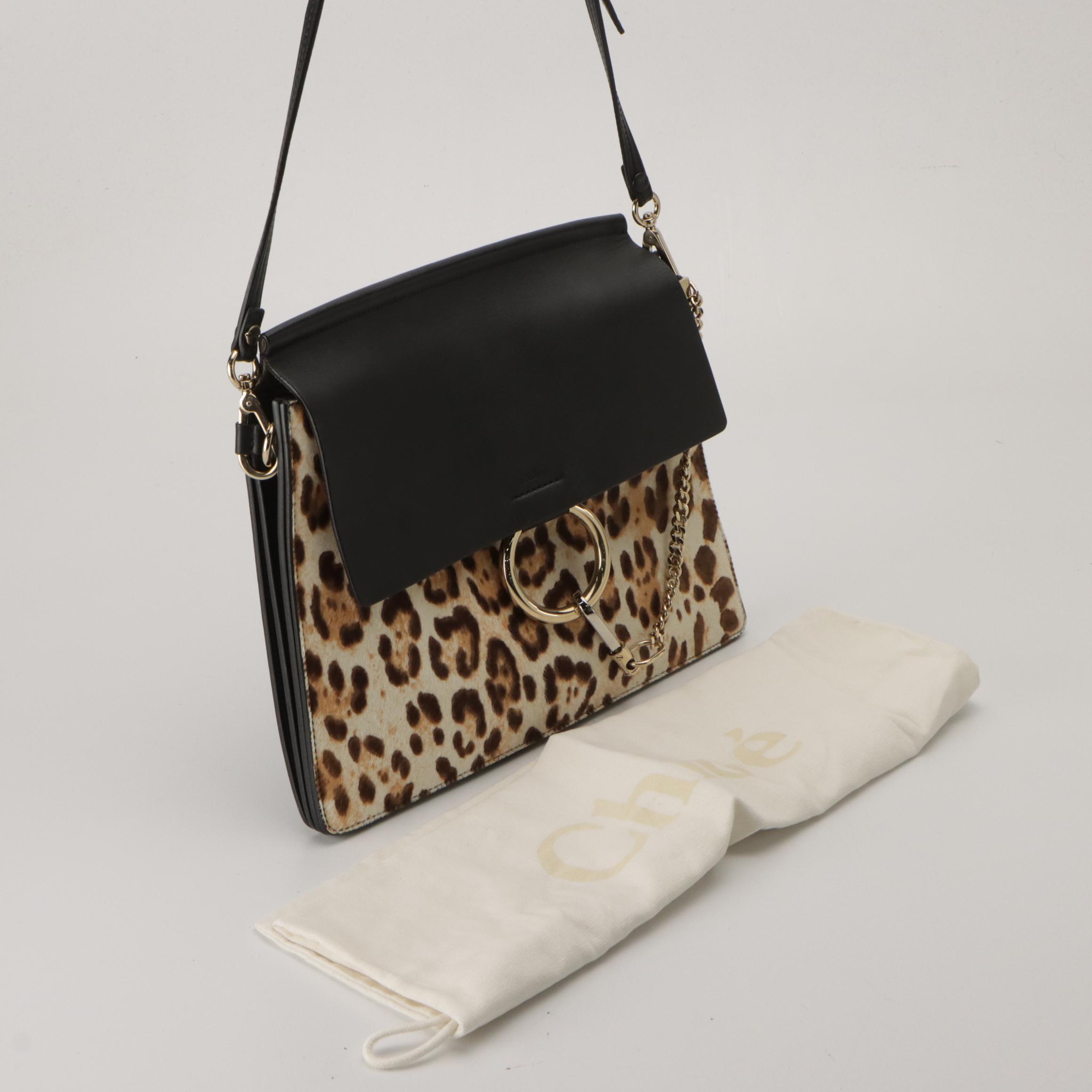 Chloé Medium Faye Shoulder Bag in Leopard Print Pony Hair and Black Calfskin