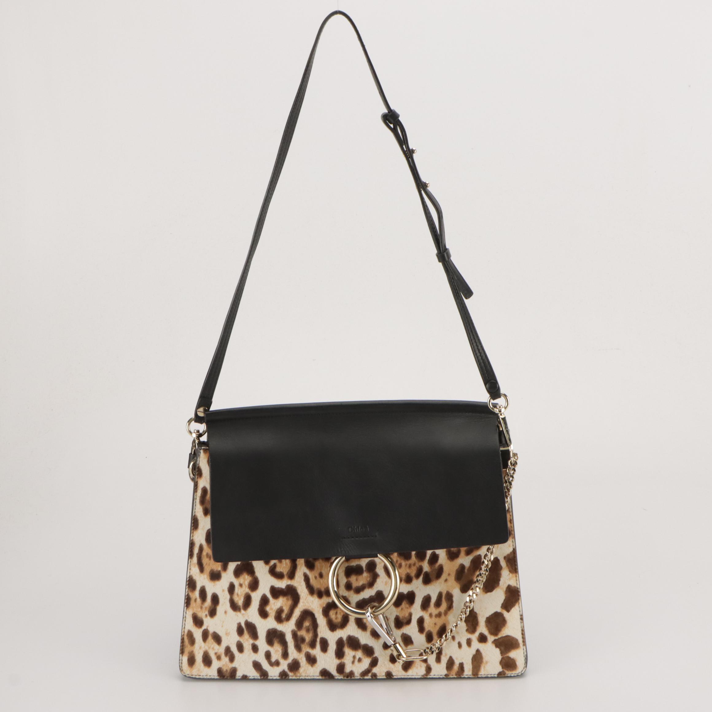 Chloé Medium Faye Shoulder Bag in Leopard Print Pony Hair and Black Calfskin