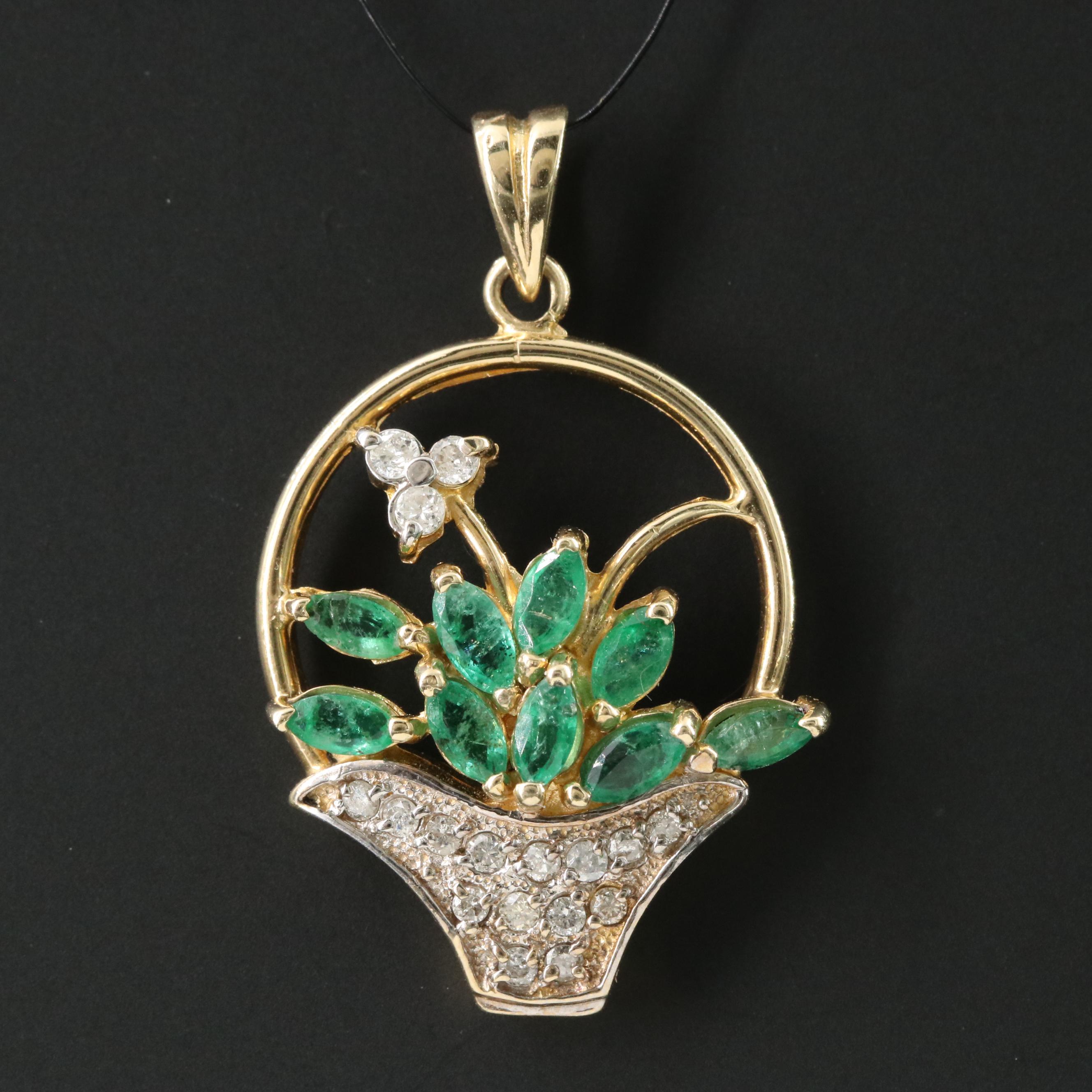 14K Emerald and Diamond Basket Pendant