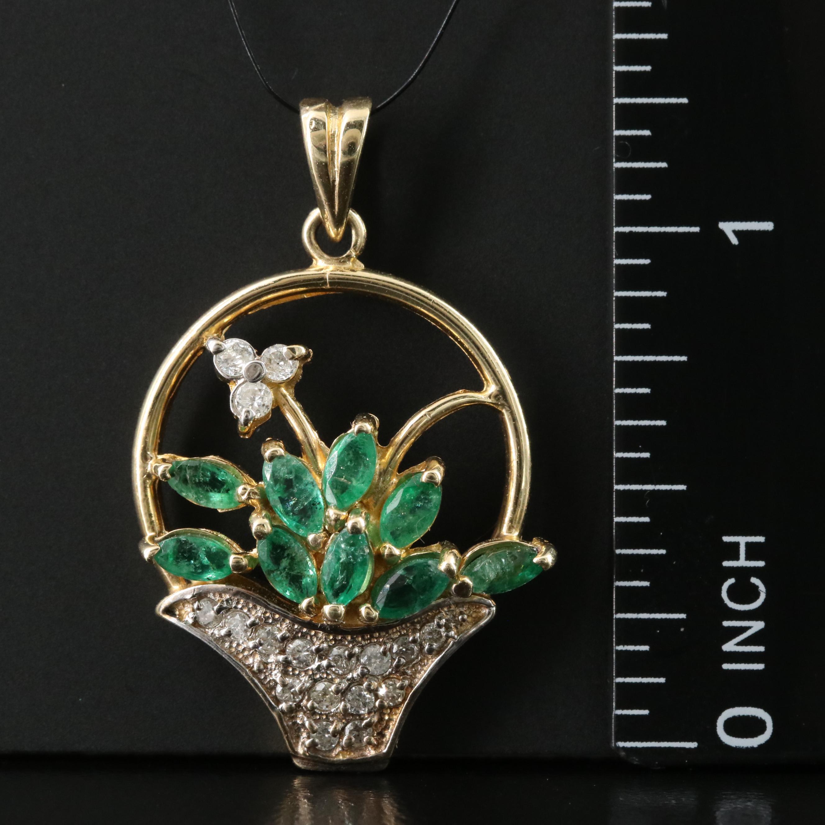 14K Emerald and Diamond Basket Pendant